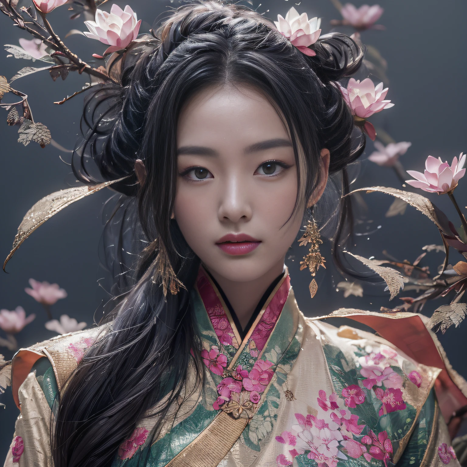 32K（tmasterpiece，k hd，hyper HD，32K）Long flowing black hair，ponds，zydink， a color，  Asian people （Silly girl）， （Silk scarf）， Combat posture， looking at the ground， long whitr hair， Floating hair， Carp pattern headdress， Chinese long-sleeved clothing， （abstract ink splash：1.2）， Pink petal background，Pink and white lotus flowers fly（realisticlying：1.4），Black color hair，Fallen leaves flutter，The background is pure， A high resolution， the detail， RAW photogr， Sharp Re， Nikon D850 Film Stock Photo by Jefferies Lee 4 Kodak Portra 400 Camera F1.6 shots, Rich colors, ultra-realistic vivid textures, Dramatic lighting, Unreal Engine Art Station Trend, cinestir 800，Long flowing black hair