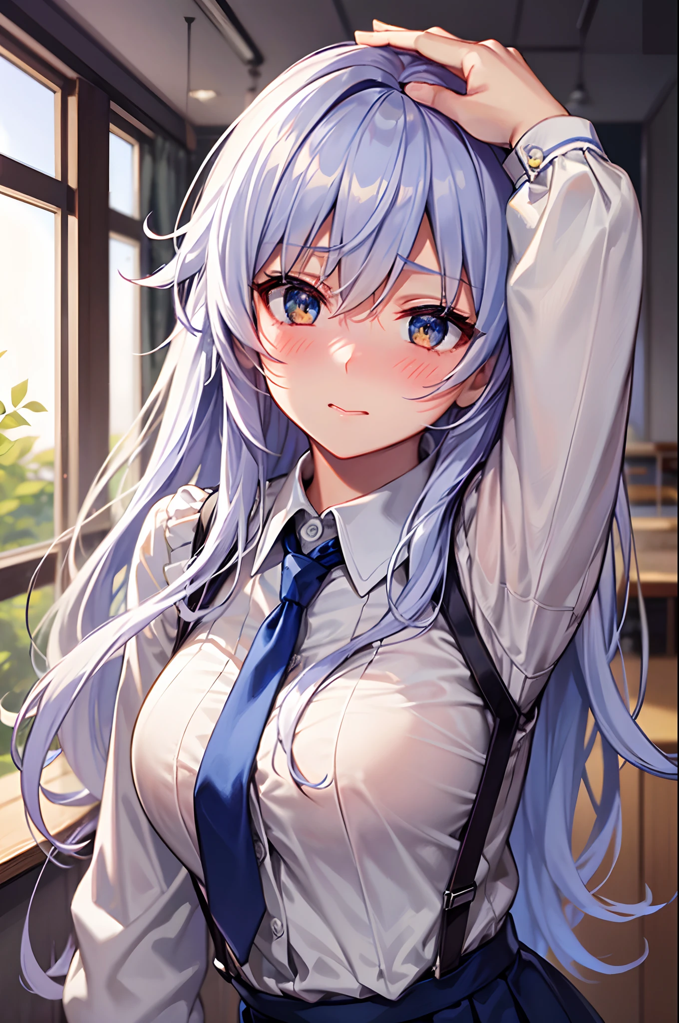 Best Quality, ultra-detailliert, Illustration, silber hair, Aimei,,embarrassed from,red blush,scratching your head,The long-haired,cute face,beutiful breast,turned around,Suspender Skirt,long-sleeve,Dark blue skirt,neck tie,Close,Angle to show off breasts,look up to,Classroom