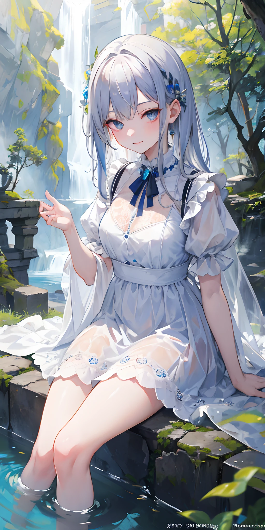 (masterpiece, best quality:1.4), 8k, Official Art, RAW photo, absurd, bottom, girl, evil smile, upper body, sitting, white summer dress, wet, transparent, stone bridge, Ruins, sky, forest, stream, detailed shadow, light leaks, perspective, depth of field, sharp focus, tall, ultra detailed, fine detail, extremely detailed, (detailed eyes and face, sharp pupils, realistic pupils:0.6)
INFO