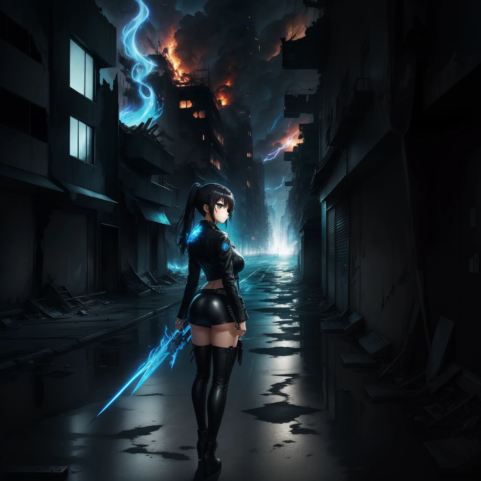 Anime style, Natural pose, Freedom, Digital illustration, (Anime style), Perfect anatomy, black rock shooter, Highly detailed, Art Station, concept-art, soft and sharp focus, Well-shaped eyes, Beautiful face, Contoured buttocks, Shy and seductive, There is a blue flame in the left eye, Chaotic landscape, The building in the background is destroyed, Black leather jacket,huge tit,Artistically