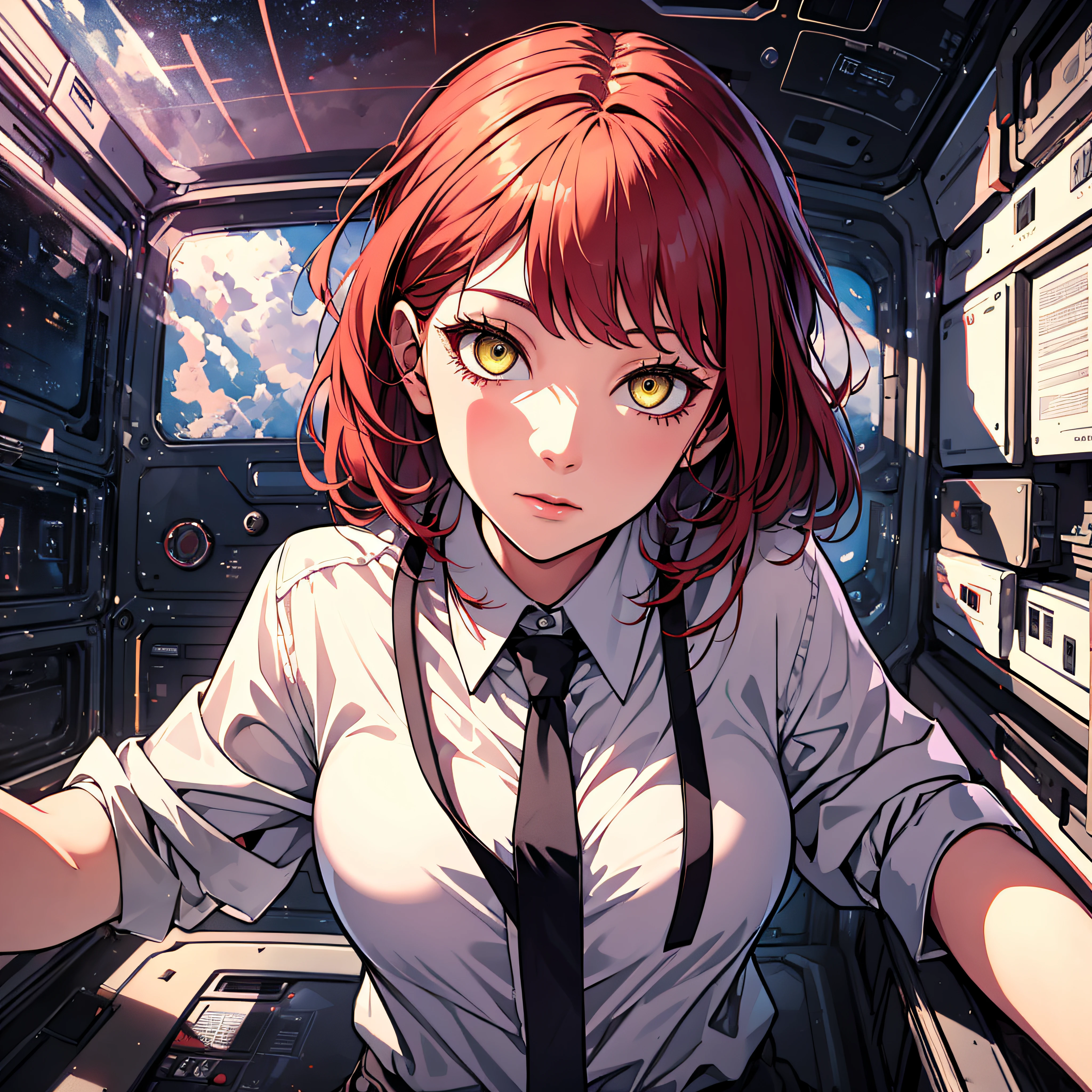 absurd res, high res, (masterpiece:1.4), ultra-detailed, 1girl, from above, space, floating, solo, red hair. Her eyes are yellow, white shirt with tie