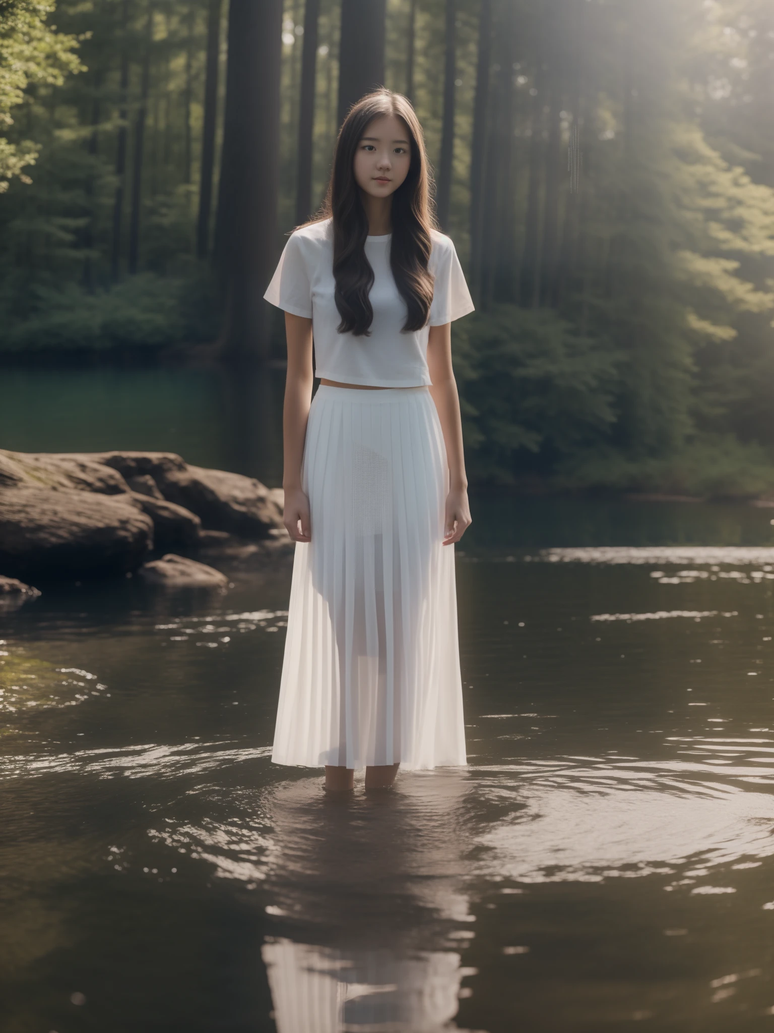 1girll, Stand in the middle of the lake，White skirt，Long hair，fully body photo，（20 years old），Static posture，Clean environment，In the forest