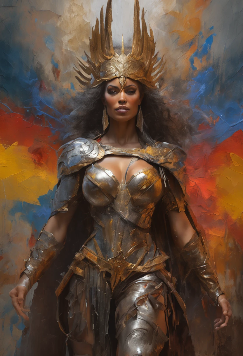 ((((of the highest quality: 1.4))),, (unparalleled masterpiece ever), (Ultra high definition), (Ultra-realistic 8K CG), (Image from head to thigh),(actionpose: 1.4), Female Warrior, Unexpectedly bewitching, (muscular body:1.4),(Magical mystical background), glowing particles, Ethereal fog, Faint darkness), Wind-effect, Highly detailed silver-breasted plate, Shoulder Armor, 8 life-size, thicc body, hair messy:1.2, Heavy makeup, Ultra realistic cover photo awesome full color, (Hyper Detail: 1.2), Add depth to images with backlight effects, Perfect Anatomy, Cinematic