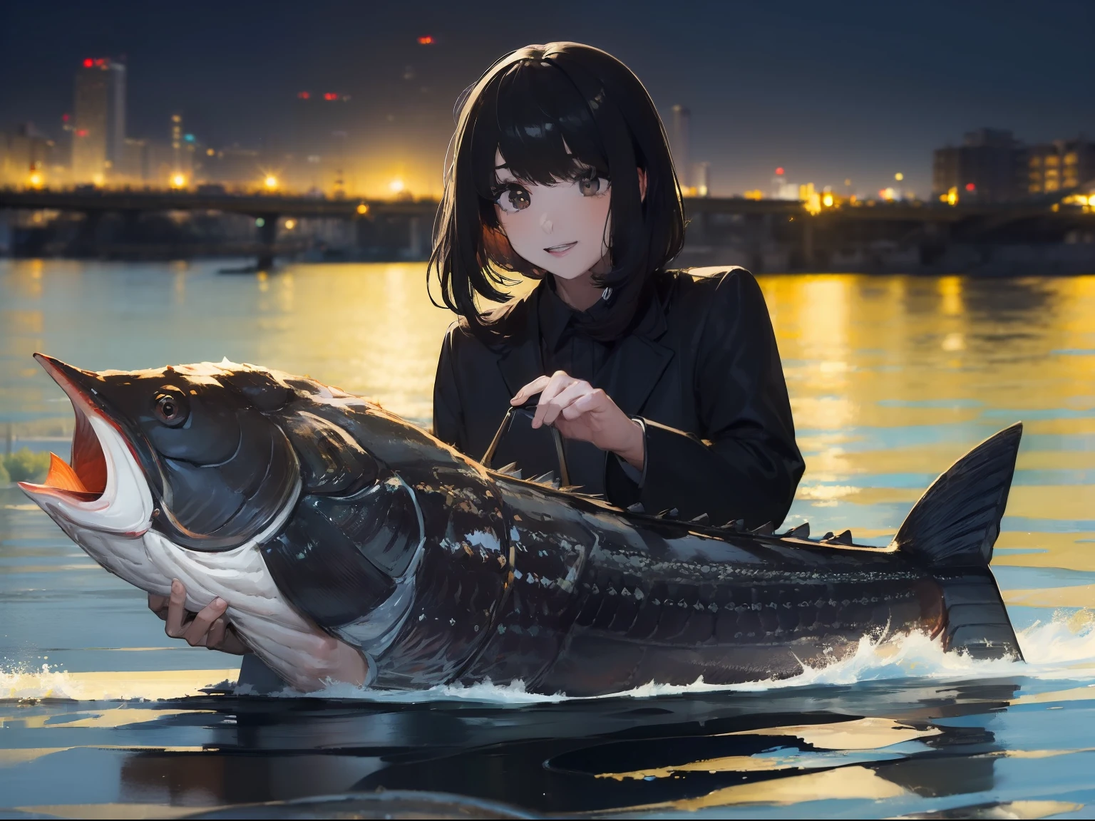 ((((Catch a big black bass by the lakeside:1.5)))),((1 Female 22 years old))((Best Quality, masterpiece :1.5)),(((Hands with the correct number and structure of fingers:1.4))),hight resolution,ultra-detailliert,masterpiece,best qualtiy,,Black hair, long eyeslashes, Solid Circle Eyes, Smiling Woman, drop shadow, Atmospheric perspective,Super Detail, ccurate, small brest,(Black jacket :1.1),top-quality, blurry backround, bokeh dof:1.2, (masterpiece:1.3), Atmospheric perspective,Super Detail,dynamic compositions