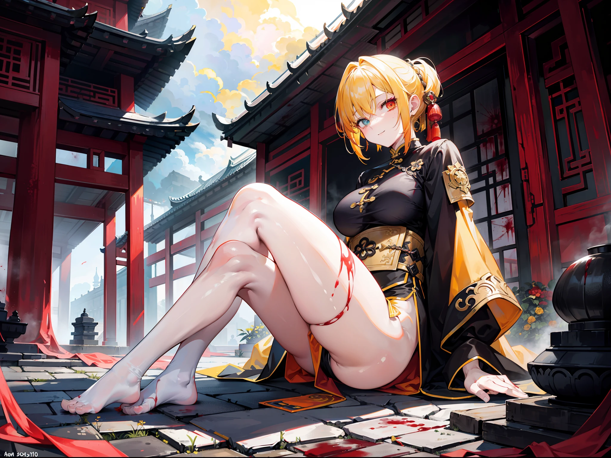 Beautiful girl with orange-yellow hair color,curlies,short detailed hair,High ponytail,He wore a blood-stained ancient yellow and white long-sleeved training uniform,Hidden knives in clothes,open waist,Wear yellow-black shorts,White stockings stained with blood,Barefoot,assassins,Sunny smile,Tall and tall,Sitting in an ancient Chinese courtyard full of blood strewn with corpses at dusk,dark stormy clouds,China-style,huge tit,抖S,Full body photo,Extremely thin,extremely hyper,long white socks,assassins,The legs are very thin,Best quality at best,High- sharpness,tmasterpiece,Holding a blood-stained short knife,His body was covered in blood,Sick,Heterochromic pupils,morbid,Murderer,Extremely tall,Heterochromic pupils,being thin,Be covered in blood,Bodies are strewn across the field,blood vess,The demons,Dim dusk background,Be covered in blood,Rivers of blood flow,terroral