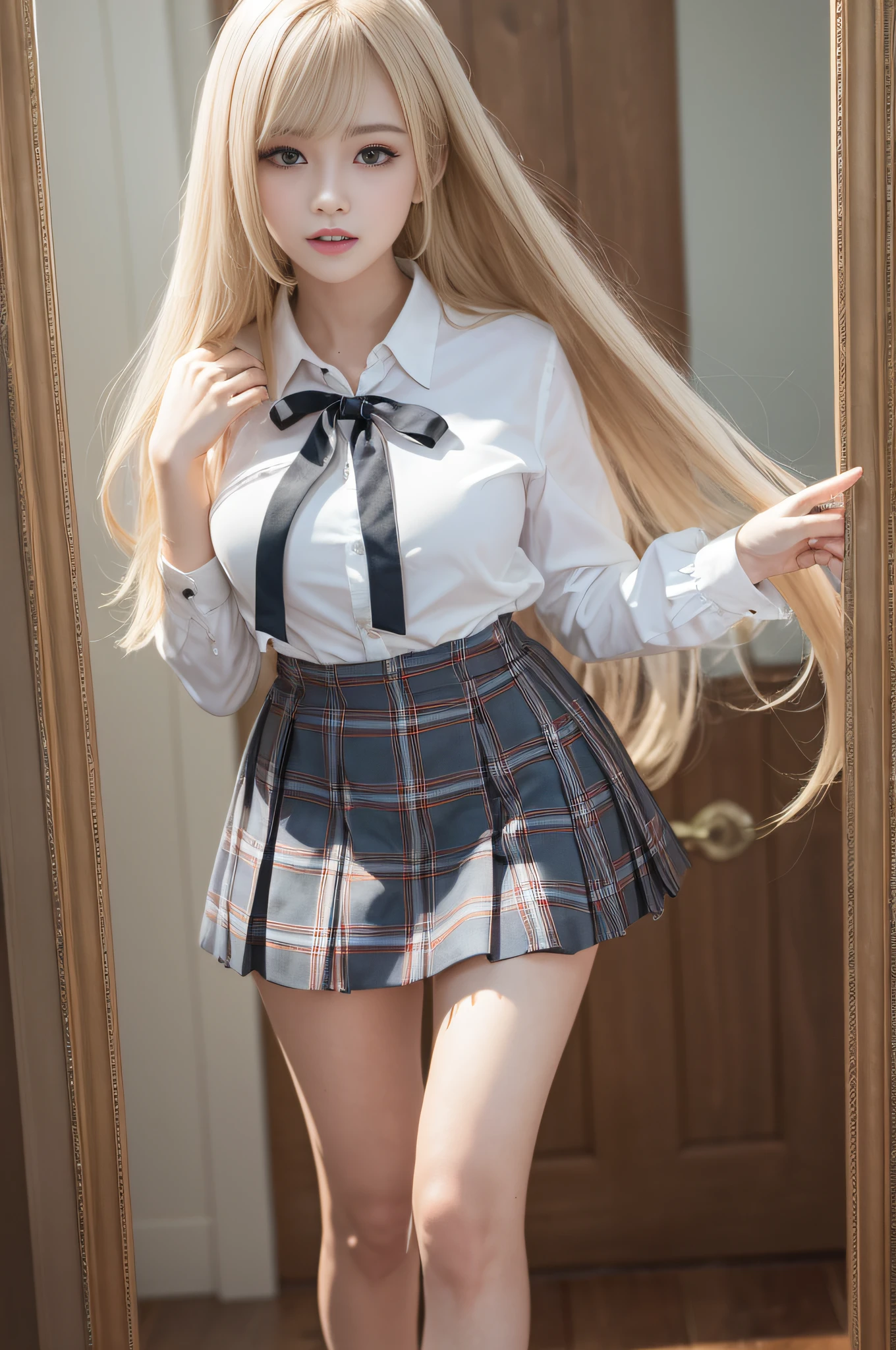 portlate、School Uniforms、bright expression、poneyTail、Young shiny shiny white shiny skin、Best Looks、Blonde reflected light、Platinum blonde hair with dazzling highlights、shiny light hair,、Super long silky straight hair、Beautiful bangs that shine、Glowing crystal clear attractive big blue eyes、Very beautiful nice cute 16 year old girl、Lush bust、White and beautiful blouse、with slit、((full body seen))、Beautiful face、Clothes look cramped in the chest、Loose and fluffy perm、Pleated skirt with many checked folds、((Well-formed face))、Pose Seductive、mesmerize、