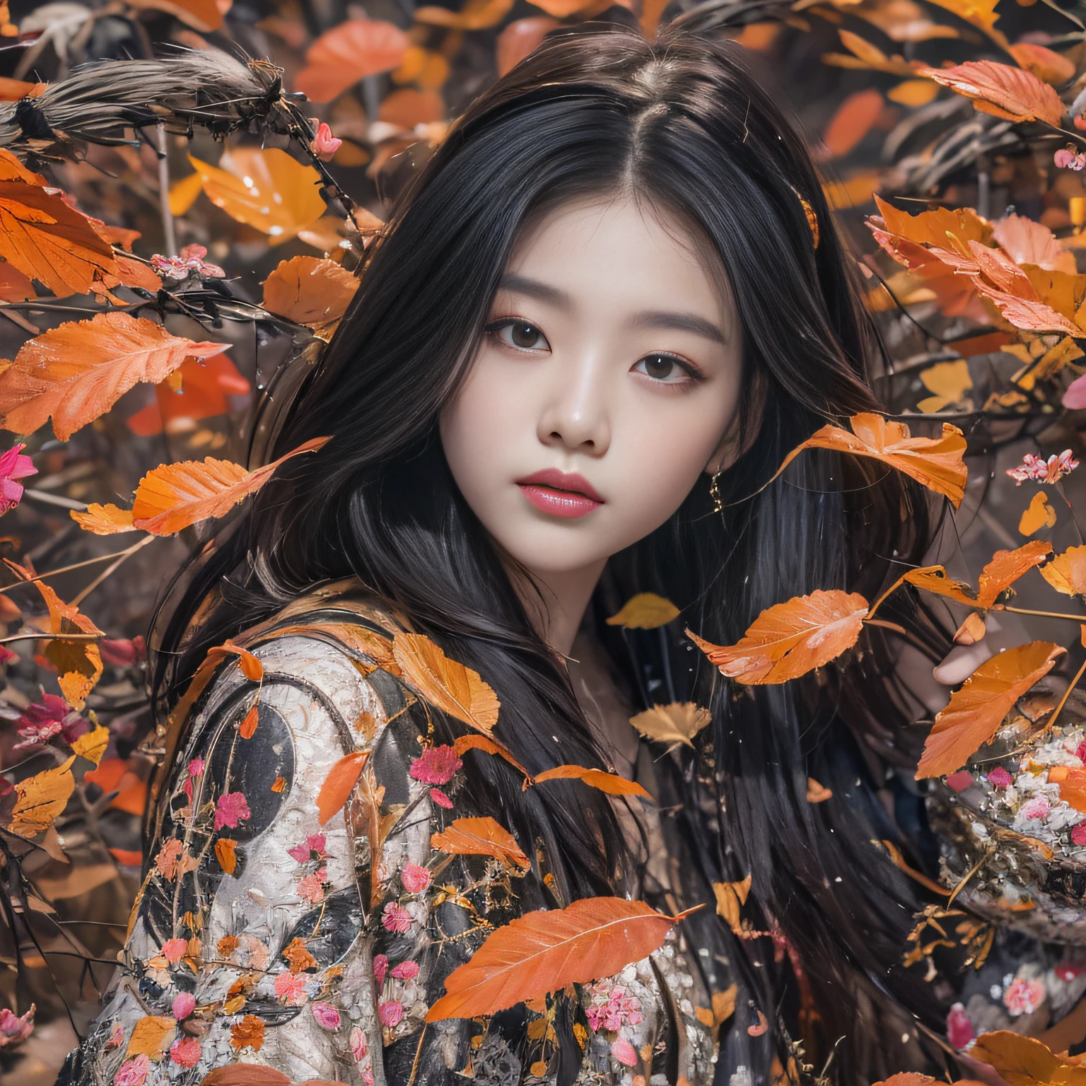 32K（tmasterpiece，k hd，hyper HD，32K）Long flowing black hair，ponds，zydink， a color，  Asian people （Silly girl）， （Silk scarf）， Combat posture， looking at the ground， long whitr hair， Floating hair， Carp pattern headdress， Chinese long-sleeved bright orange outfit， （abstract ink splash：1.2）， Pink petal background，Pink and white lotus flowers fly（realisticlying：1.4），Black color hair，Fallen leaves flutter，The background is pure， A high resolution， the detail， RAW photogr， Sharp Re， Nikon D850 Film Stock Photo by Jefferies Lee 4 Kodak Portra 400 Camera F1.6 shots, Rich colors, ultra-realistic vivid textures, Dramatic lighting, Unreal Engine Art Station Trend, cinestir 800，Long flowing black hair