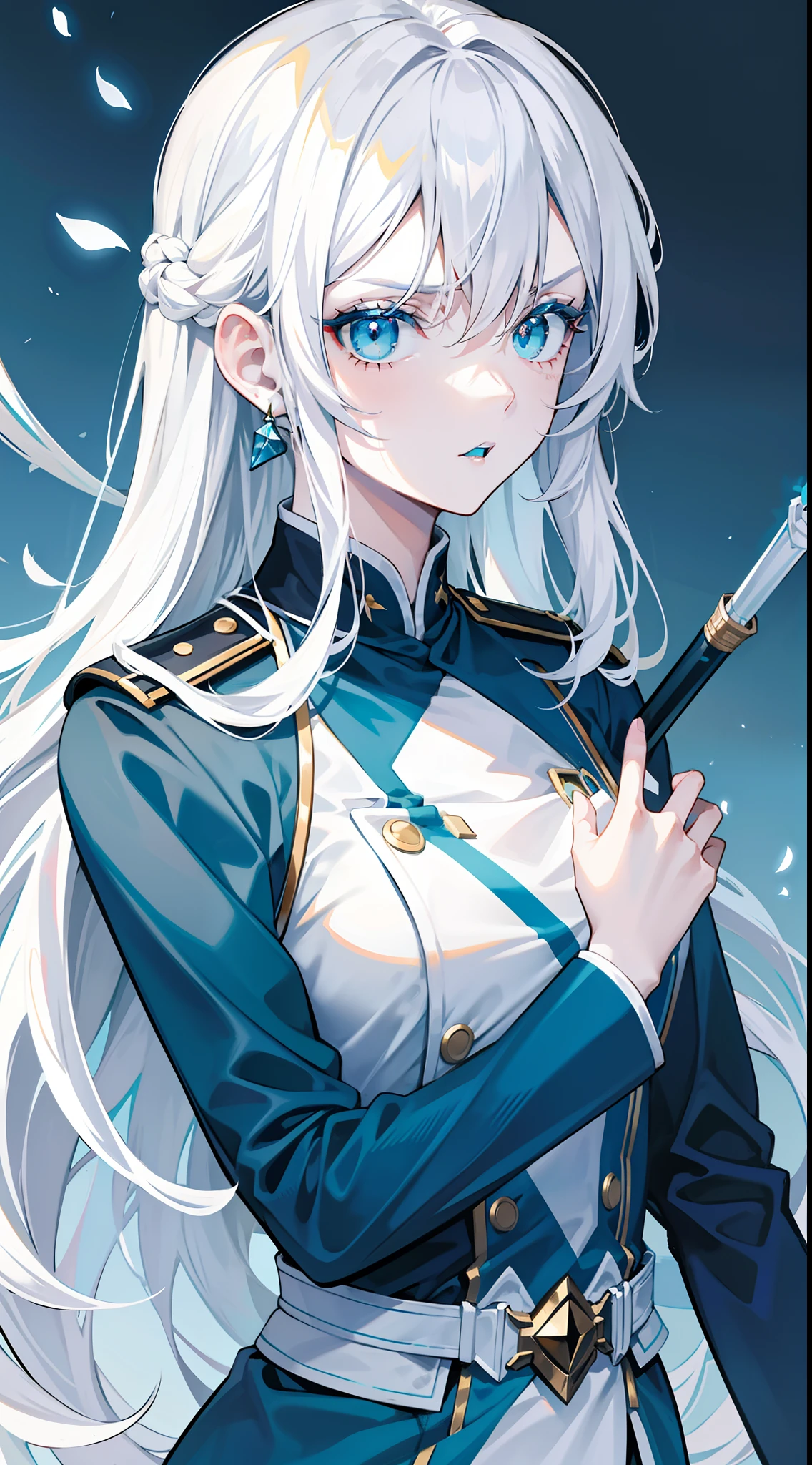 Adult woman, Long white hair, Cyan eyes, White general's uniform, spear, blue lipstick, anger, Masterpiece, hiquality