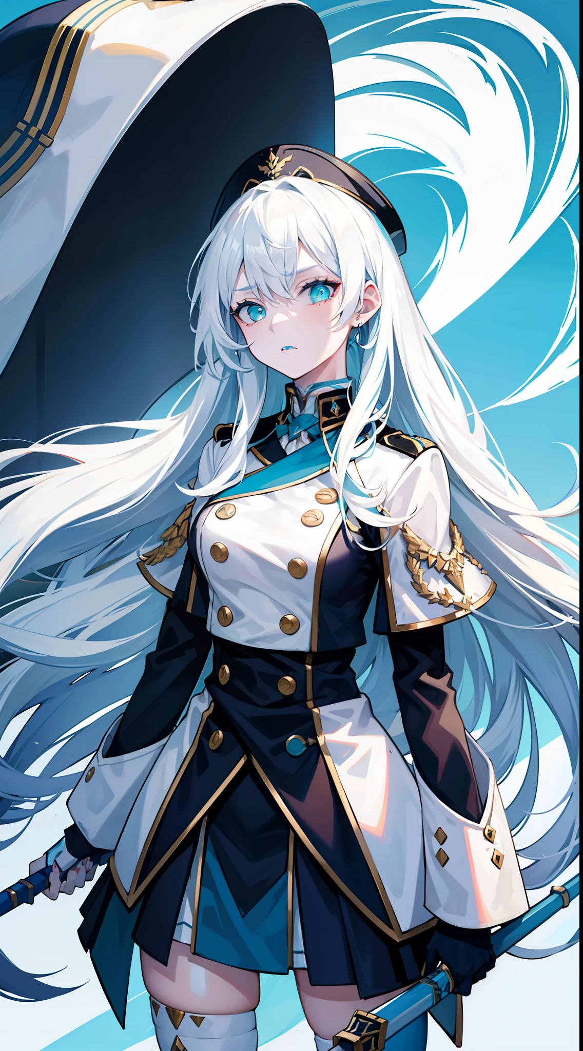 Adult woman, Long white hair, Cyan eyes, White general's uniform, spear, blue lipstick, anger, Masterpiece, hiquality