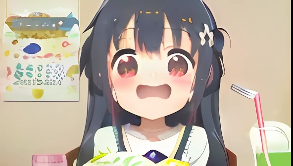 Anime girl with a plate of food and drinks on the table, cute anime face, yuruyuri, anime visual of a cute girl, she has a cute expressive face, sad kawaii face, extremely cute anime girl face, nagatoro, iwakura lain, Cute anime, Cute anime girl, cute kawaii girls, Cute natural anime face