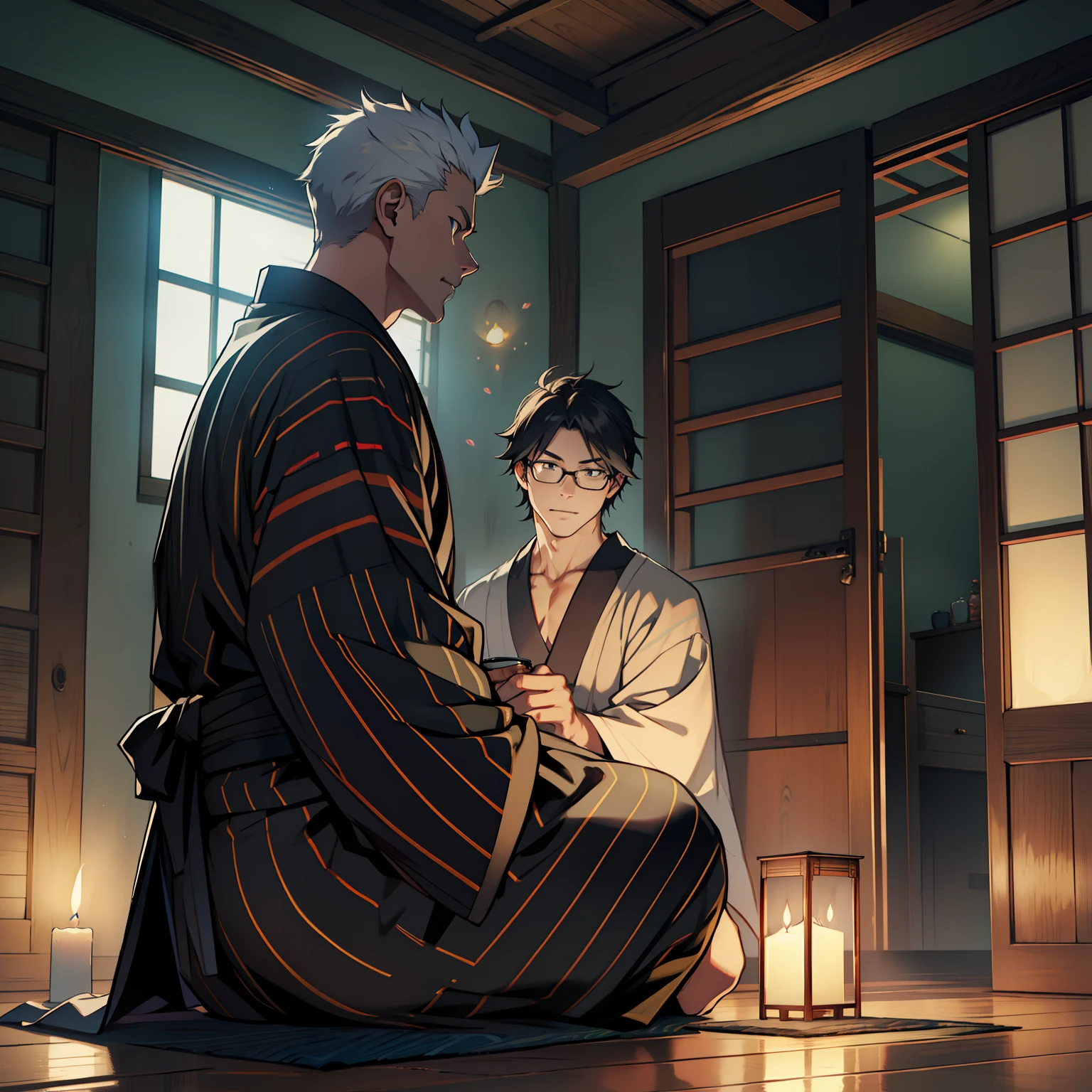 {{{{{masutepiece,Best Quality,ultra-detailliert}}}}},1 Handsome Man,sitting down on the floor,Tell ghost stories, Slouching, eye glass,Beautiful dark room background,Close doors and windows,a dark night,No light,Beautiful Japan black striped yukata,Side view,8K,1 candle,