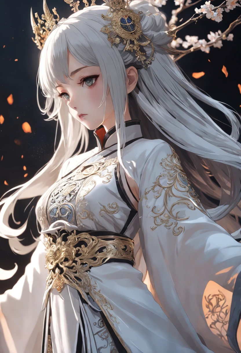 Close-up of dress on mannequin in black and white dress, fantasyoutfit, fantasy style clothing, intricate outfits, adorned in majestic attire, lunar themed attire, Wearing Gorgeous Costume, adorned in majestic attire, very detailed and rich clothing, fantasy clothing, White Hanfu, Chinese costume, wearing fantasy formal clothing, intriguing outfit, astral witch clothes, beautiful costume, Gorgeous Role Play