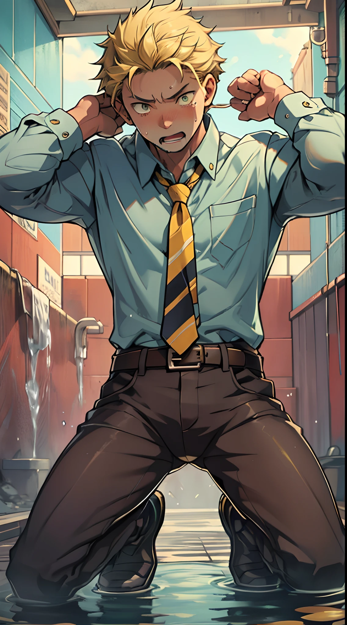 （1 Adult male），A high resolution， Sharp focus， Pixiv masterpiece， （（Complicated details））， highly  detailed， natsuki_subaru， 1 man，perfect male figure，Urine on the trouser leg， Nervously bow your head，is shy，embarressed，exhilarated，is shocked，panicking，worry，A pool of urine formed around him，Very eager to pee，Unbearable，Wet yourself，Urine discharge，full bodyesbian，Kneel，Tired，decadent， Yellow eyes（eyes glowing）， Short yellow hair，Yellow long-sleeved shirt，Wear a tie，Wear a belt，trousers，perspire，Drenched，Get wet，pissing，urine flows down the pants，look from down