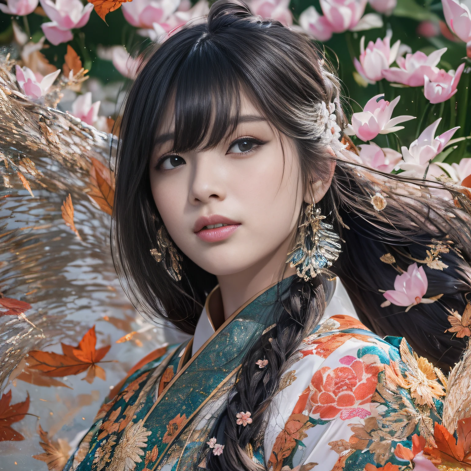 32K(tmasterpiece,k hd,hyper HD,32K)Long flowing black hair,ponds,zydink, a color, Asian people (Silly girl), (Silk scarf), Combat posture, looking at the ground, long whitr hair, Floating hair, Carp pattern headdress, Chinese long-sleeved bright orange outfit, (abstract ink splash:1.2), Pink petal background,Pink and white lotus flowers fly(realisticlying:1.4),Black color hair,Fallen leaves flutter,The background is pure, A high resolution, the detail, RAW photogr, Sharp Re, Nikon D850 Film Stock Photo by Jefferies Lee 4 Kodak Portra 400 Camera F1.6 shots, Rich colors, ultra-realistic vivid textures, Dramatic lighting, Unreal Engine Art Station Trend, cinestir 800,Long flowing black hair