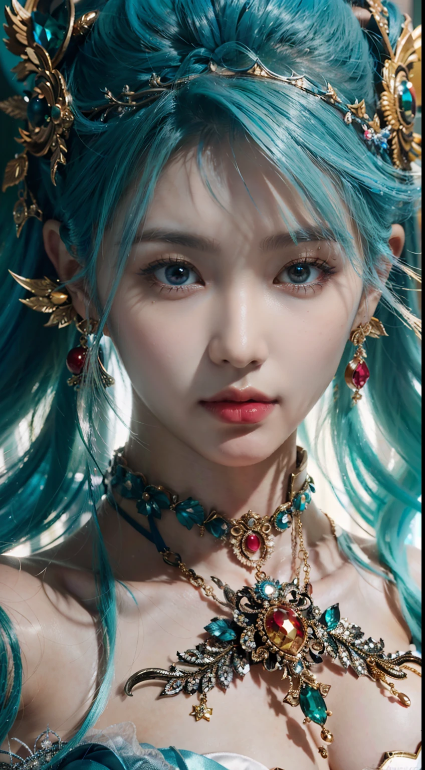a close up of a woman with blue hair and a sword, concept art inspired by Lü Ji, trending on cg society, fantasy art, game cg, a beautiful fantasy empress, alluring princess knight, cinematic goddess close shot, portrait knights of zodiac girl, extremely detailed goddess shot, cinematic goddess shot, ((a beautiful fantasy empress)), biblical female, best quality, masterpiece, high_res, 1girl, hair ornament, necklace, jewelry, Beautiful face, photo realistic, rim lighting, (high detailed skin:1.2), 8k uhd, dslr, soft lighting, high quality, volumetric lighting, candid, Photograph, high resolution, 4k, 8k, medium breasts, absurdres, ponytail contorted, best ratio four finger and one thumb, (Rosy Zhao 赵露思:0.9),