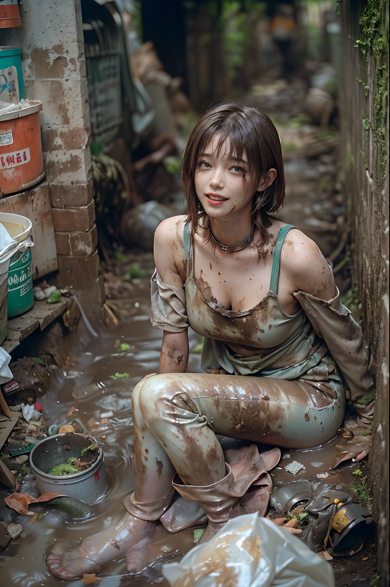 Abandoned men's toilets，A very cute extreme exhibitionist Korean girl，sexyposture，Wearing a naked，She wore only a white transparent bikini，The barefoot，Garbage all over the ground，grimy， tmasterpiece， highly  detailed，best qualtiy，Extreme image quality