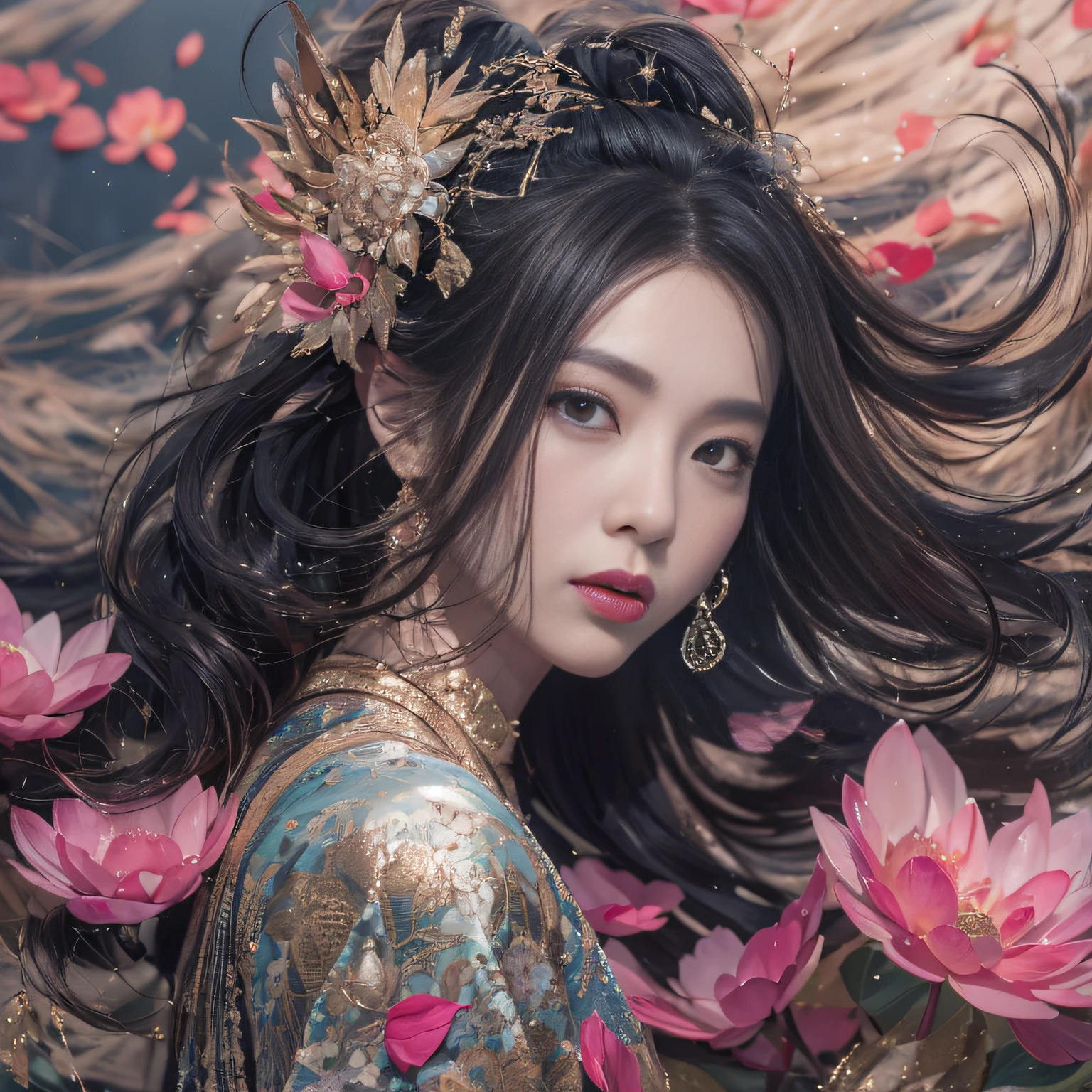 32K（tmasterpiece，k hd，hyper HD，32K）Long flowing black hair，ponds，zydink， a color，  Asian people （Silly girl）， （Silk scarf）， Combat posture， looking at the ground， long whitr hair， Floating hair， Carp pattern headdress， Chinese long-sleeved clothing， （abstract ink splash：1.2）， Pink petal background，Pink and white lotus flowers fly（realisticlying：1.4），Black color hair，Fallen leaves flutter，The background is pure， A high resolution， the detail， RAW photogr， Sharp Re， Nikon D850 Film Stock Photo by Jefferies Lee 4 Kodak Portra 400 Camera F1.6 shots, Rich colors, ultra-realistic vivid textures, Dramatic lighting, Unreal Engine Art Station Trend, cinestir 800，Long flowing black hair