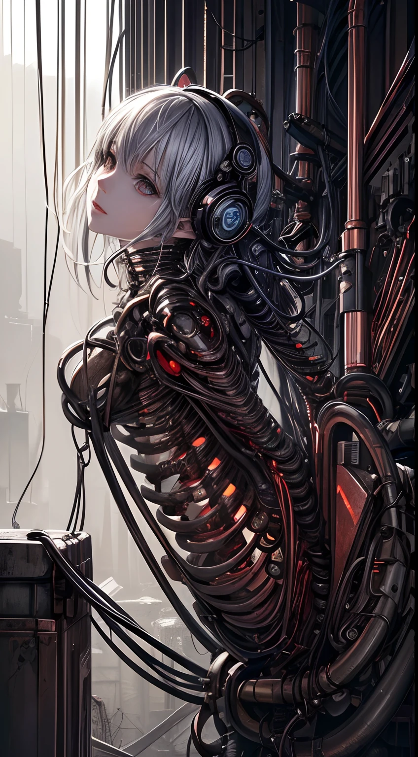 (((Masterpiece))), ((Best Quality)), (Super Detail), (CG Illustration), (Very Evil and Beautiful)), Cinematic Light, ((1 Mechanical Girl)), Single, (Mechanical Art: 1.4), ((Mechanical limb)), (Blood vessel attached to a tube), ((Mechanical spine attached to the back)), ((Mechanical cervical vertebrae attached to the neck), (Back to the viewer)), expressionless, ( Wires and cables attached to the head and body: 1.5), Science Fiction, Apocalypse, Ruins, (Lower Body Integrated with Mechanical Devices), (Blood: 1.5), Cruelty, Absurdity, Eroticism, Fusion with Machines, Doomsday Time, Super Future, Inorganic, Laboratory, Restraint, (Beautiful Indulgence: 1.2), (1 Girl: 1.3), Body Wrapped Around Mechanical Tentacles