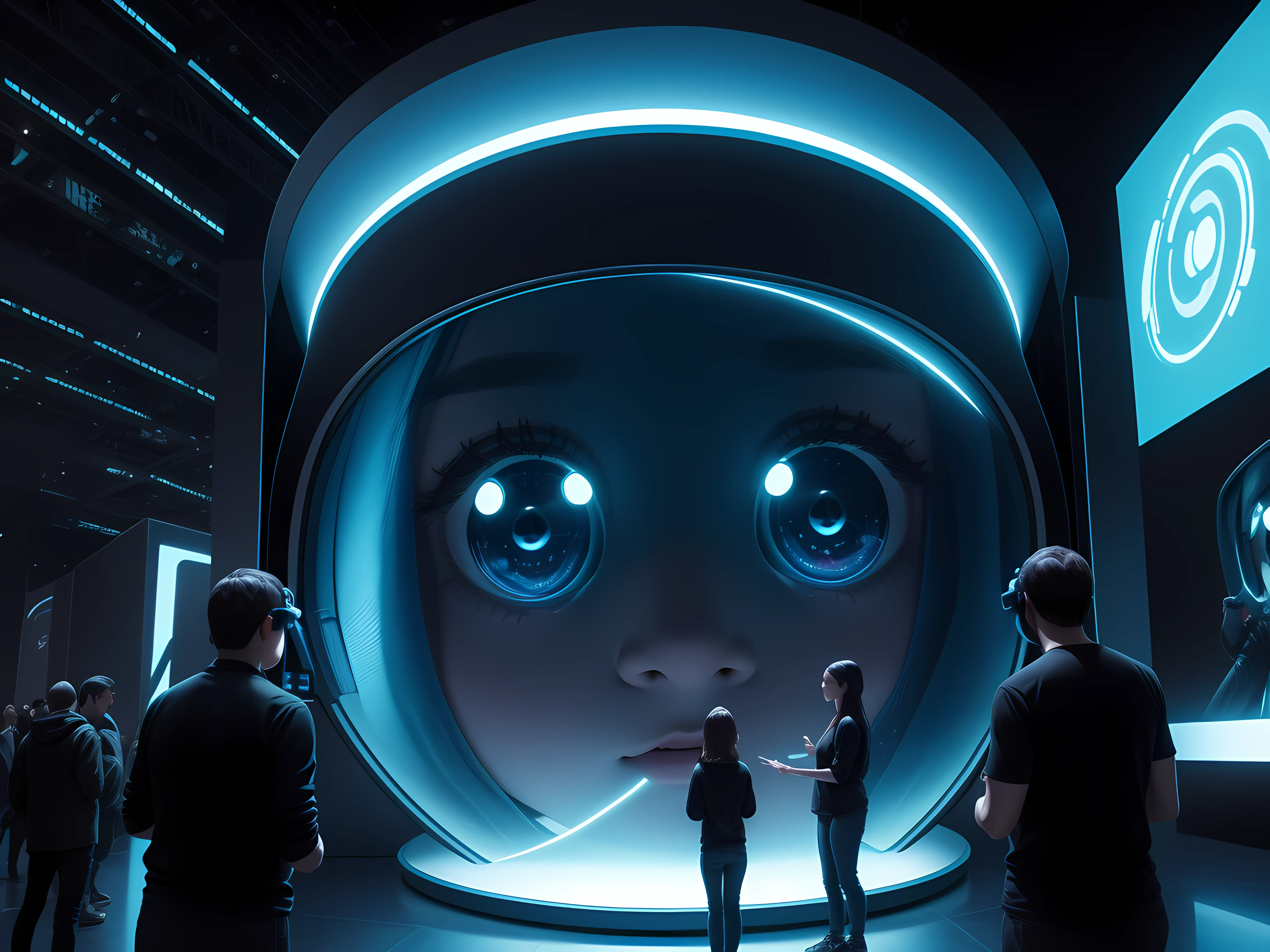 Images of people interacting with giant virtual assistants on a virtual screen. Hiperrealista, 8 K, en tonos azules, anaranjados, verdes, violetas.