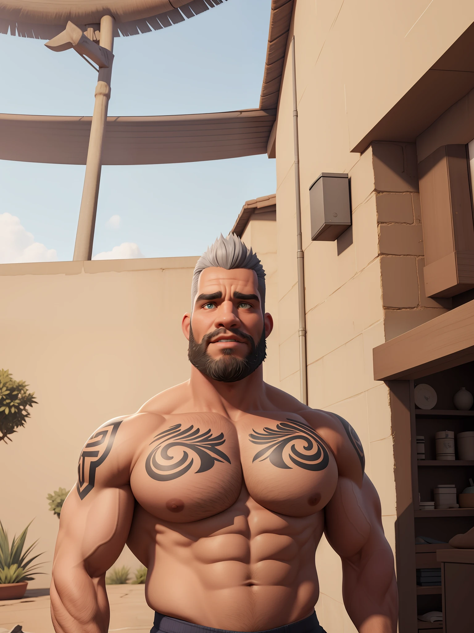 A muscular (African American) alpha beefy massive pumped old muscle daddy with big arms, pectorals and thick thighs, huge beard, grey hair, with tattoos covering chest and abdomen, realistic, 8k, 3d render, unreal engine, NVIDIA, RTX 4090, by Greg Rutkowski, hyperrealistic, dynamic pose