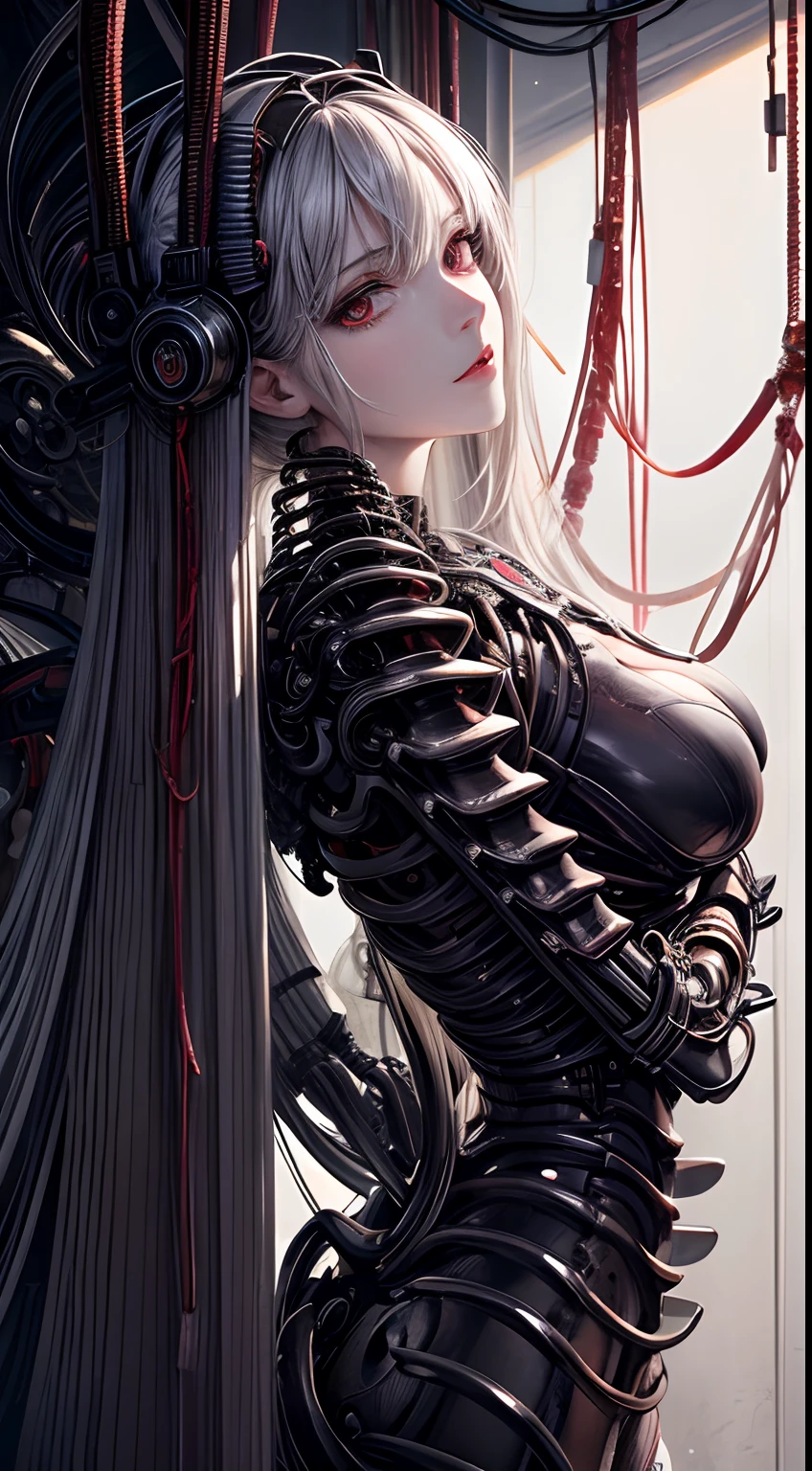 (((masterpiece))), ((highest quality)), (Very detailed), (CG illustration), (So evil and beautiful)), Cinematic Light, ((1. Mechanical Girl)), single, (Mechanical Arts: 1.4), ((Mechanical Limbs)), (Blood vessel attached to a tube), ((Mechanical spine attached to the back)), ((Mechanical cervical vertebrae attached to the neck), (Back to viewers)), Expressionless, ( Wires and cables connected to the head and torso: 1.5), sf, Apocalypse, what&#39;left behind, (Lower body integrated with mechanical device), (Blood: 1.5), Cruelty, Confused, eroticism, Integration with machines, The End Times, Super Future, inorganic, Research Room, constrained, (Beautiful luxury: 1.2), (1 girl: 1.3), Body wrapped around the tentacles of a machine、The lower body is mechanical