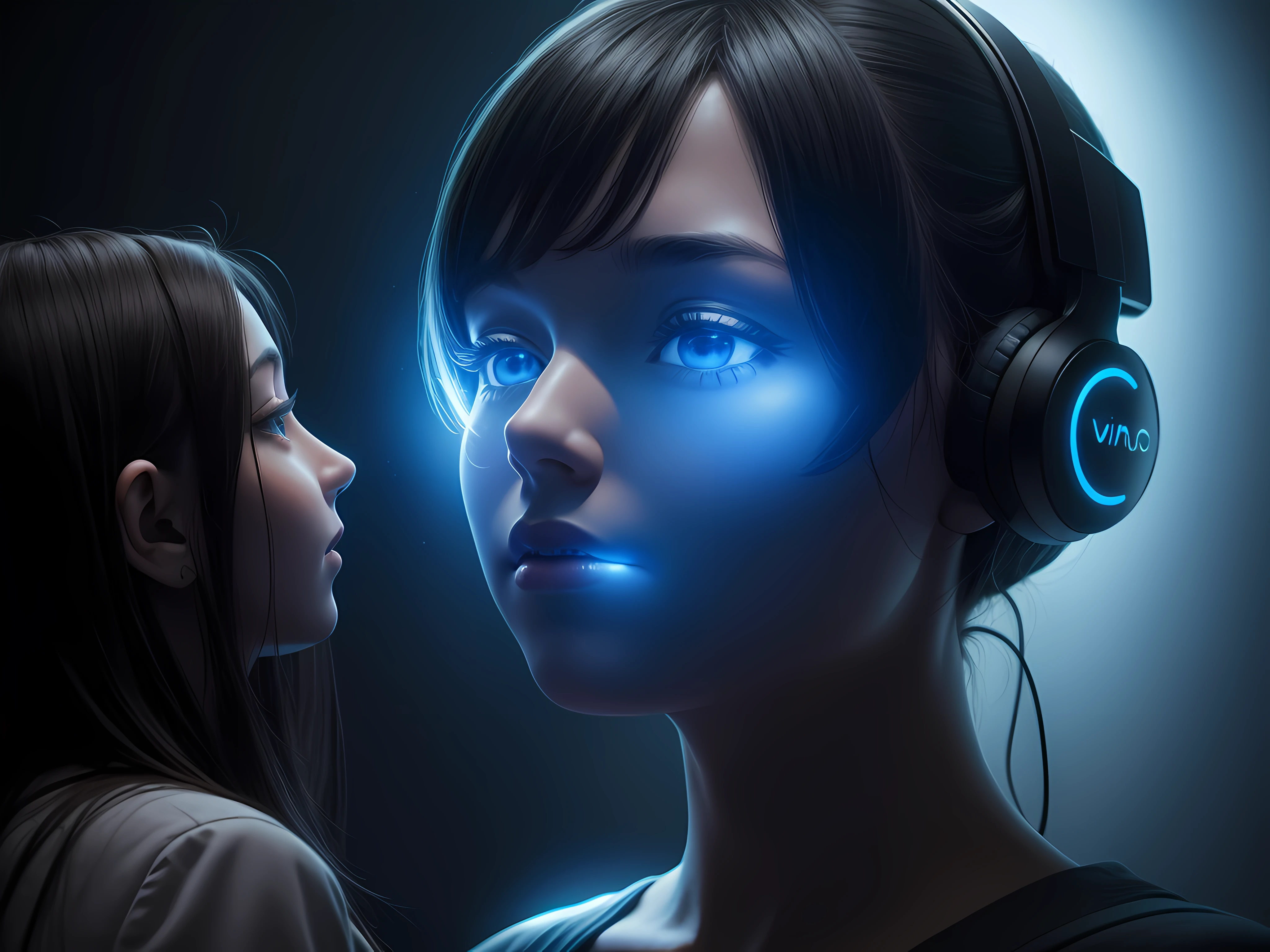 Images of people interacting with giant virtual assistants on a virtual screen. Hiperrealista, 8 K, en tonos azules, anaranjados, verdes, violetas.
