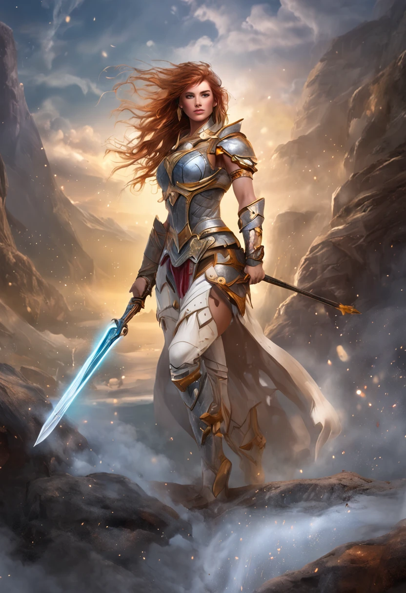 ((((of the highest quality: 1.4))),, (unparalleled masterpiece ever), (Ultra high definition), (Ultra-realistic 8K CG), (Image from head to thigh),(actionpose: 1.4), Female Warrior, Unexpectedly bewitching, (muscular body:1.4),(Magical mystical background), glowing particles, Ethereal fog, Faint darkness), Wind-effect, Highly detailed silver-breasted plate, Shoulder Armor, 8 life-size, thicc body, hair messy:1.2, Heavy makeup, Ultra realistic cover photo awesome full color, (Hyper Detail: 1.2), Add depth to images with backlight effects, Perfect Anatomy, Cinematic
