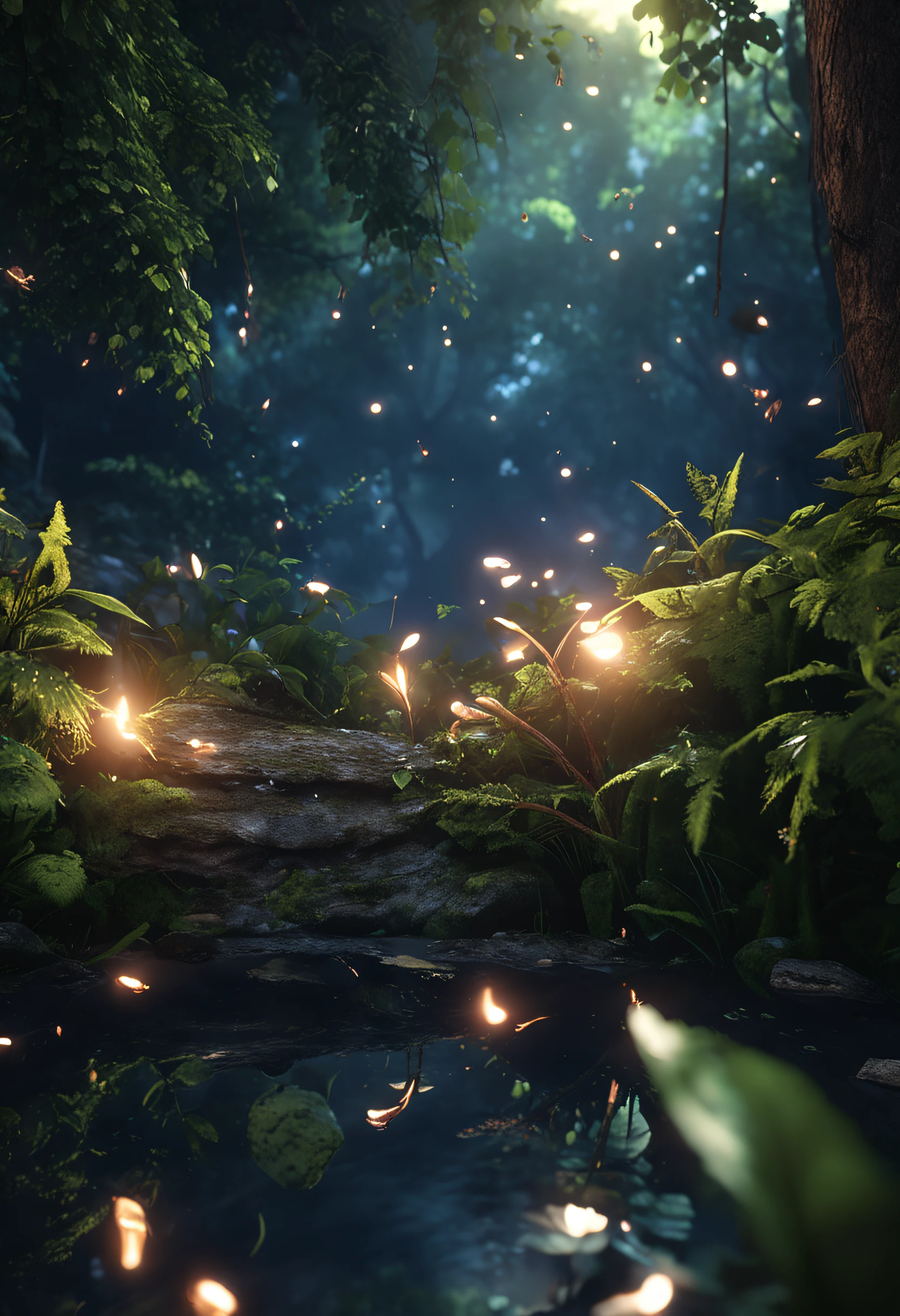 A masterpiece, the best quality, stunning reflections, the best reflections ever. (very detailed CG unity 8k wallpapers), (best quality), (best illustrations), (best shadows), forest theme with natural elements. Tall trees, quiet streams, small glowing mushrooms surrounded by delicate leaves and branches, with fireflies and glowing particle effects,, (natural elements), (jungle theme), (leaves), (twigs), (fireflies), butterflies, (delicate leaves), (glow), (particle effects). , Isometric 3D, Octane Rendering, Ray Traced, Super Detailed