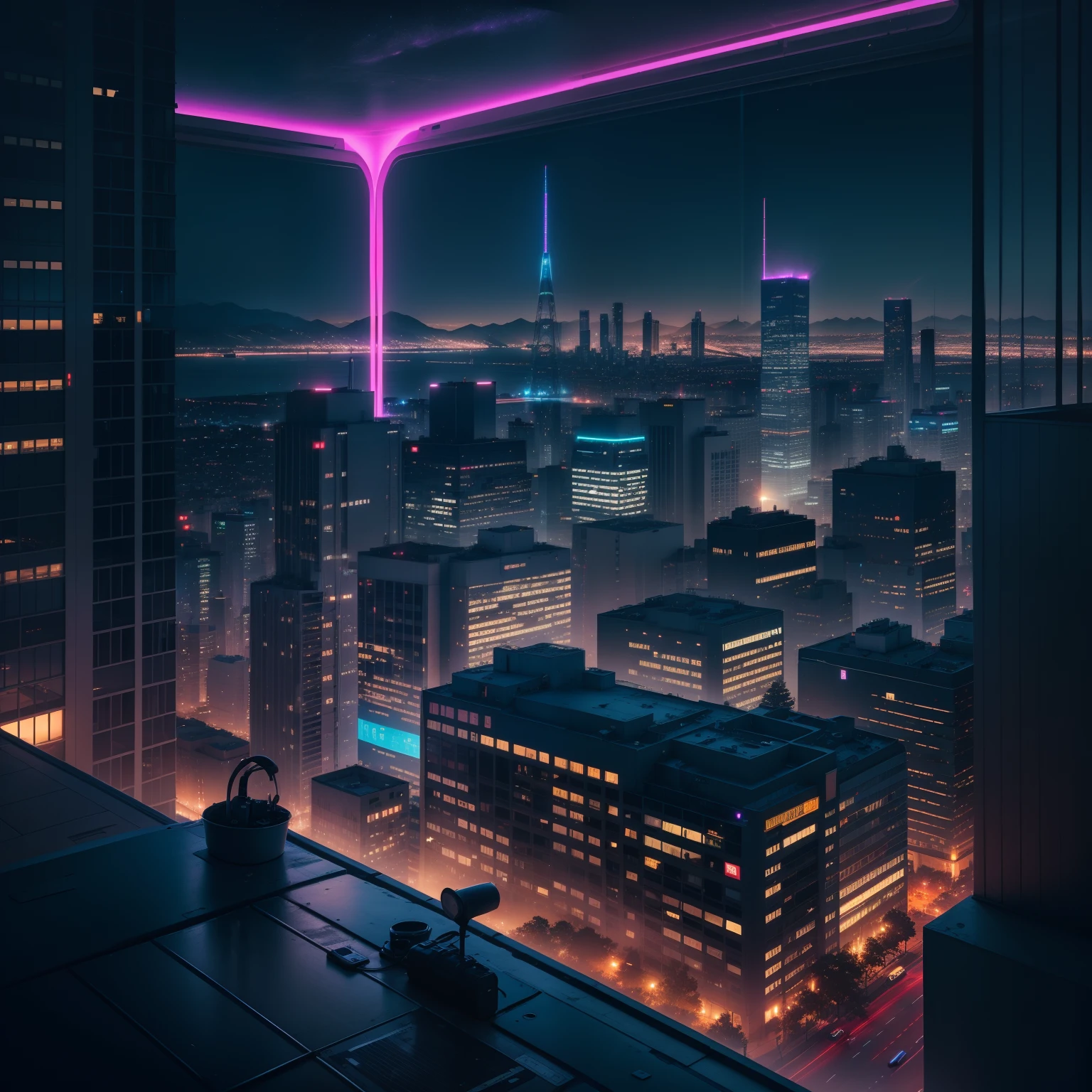 Night view from the hotel room cyberpunked SF Art Top Quality masterpiece beautiful night scene masterpiece neons