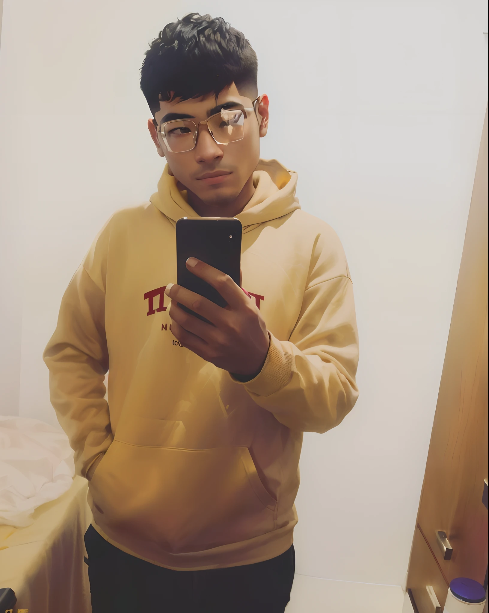 arafed man in glasses looking at his cell phone in a mirror, wearing a hoody, wearing a yellow hoodie, wearing hoodie, 2 3 years old, wearing a hoodie, 2 2 years old, wearing a fisher 🧥, asian male, 18 years old, in a hoodie, 21 years old, 2 7 years old