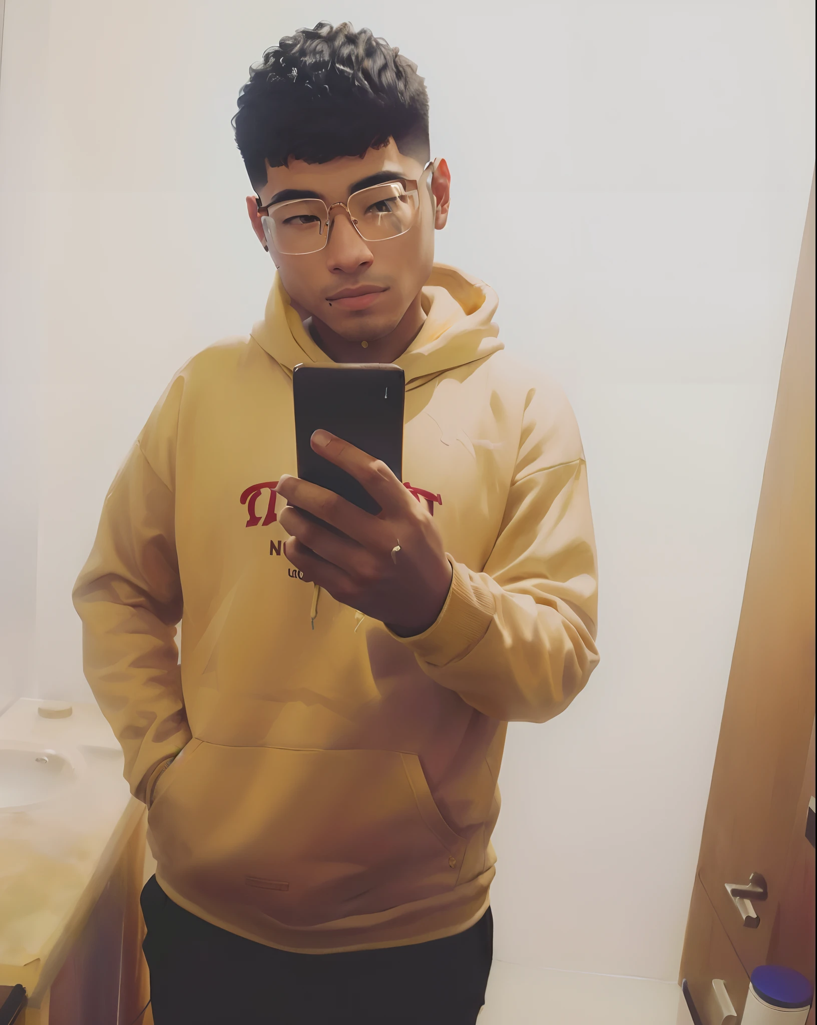 arafed man in glasses looking at his cell phone in a mirror, wearing a hoody, wearing a yellow hoodie, wearing hoodie, 2 3 years old, wearing a hoodie, 2 2 years old, wearing a fisher 🧥, asian male, 18 years old, in a hoodie, 21 years old, 2 7 years old