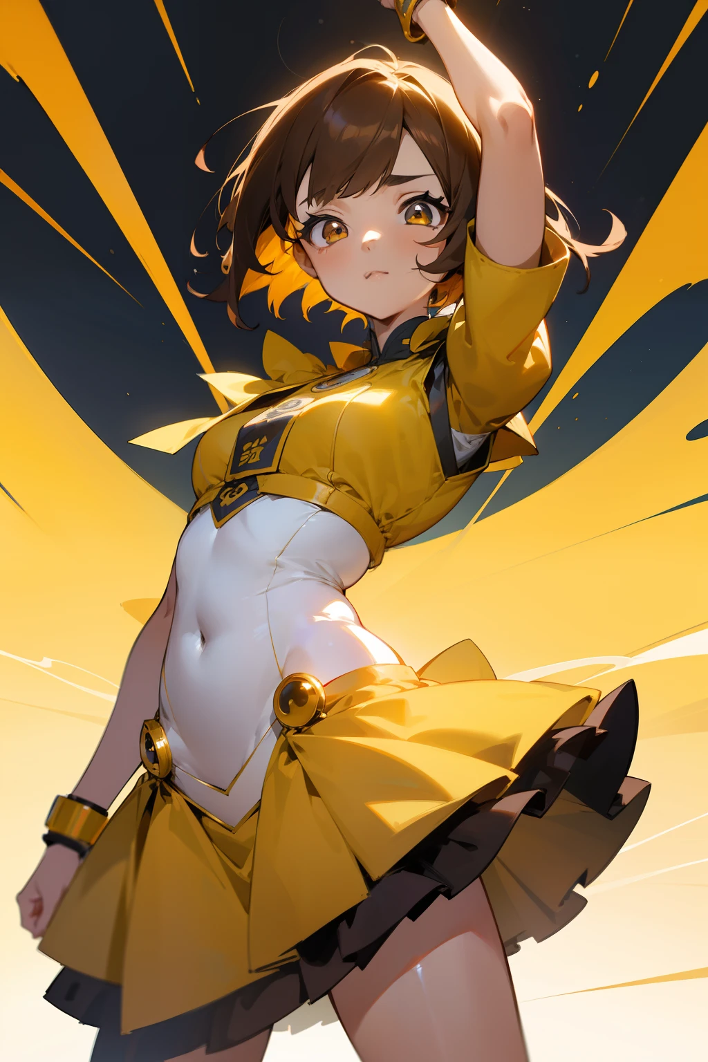 Chica anime, 1chica, short brown hair, ojos marrones hermosos, Cara perfecta, dynamic pose, Perfect anatomy, cuerpo perfecto, 18yr old, Obra maestra, Full HD, 4k, Unique costume, varios colores, cuerpo completo, character design, Cute little girl, Buen estilo, perspectiva, linda perspectiva, buen dibujo, hermoso dibujo, SFW, colores llamativos, colores armoniosos,