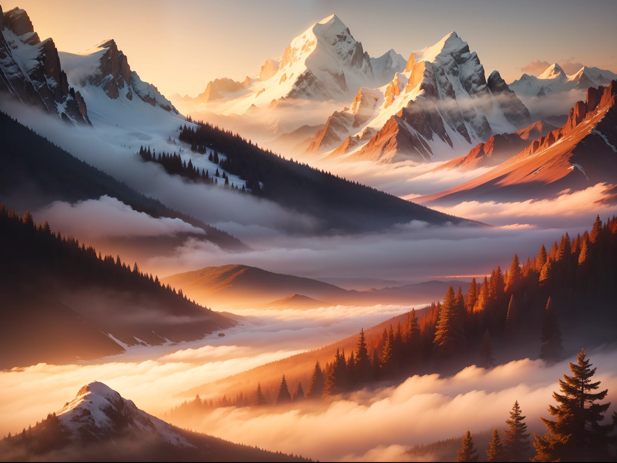 Serene Sunrise Over Misty Mountains: A captivating scene of a soft sunrise casting golden hues over rolling mist-covered mountains, creating a tranquil and breathtaking atmosphere.