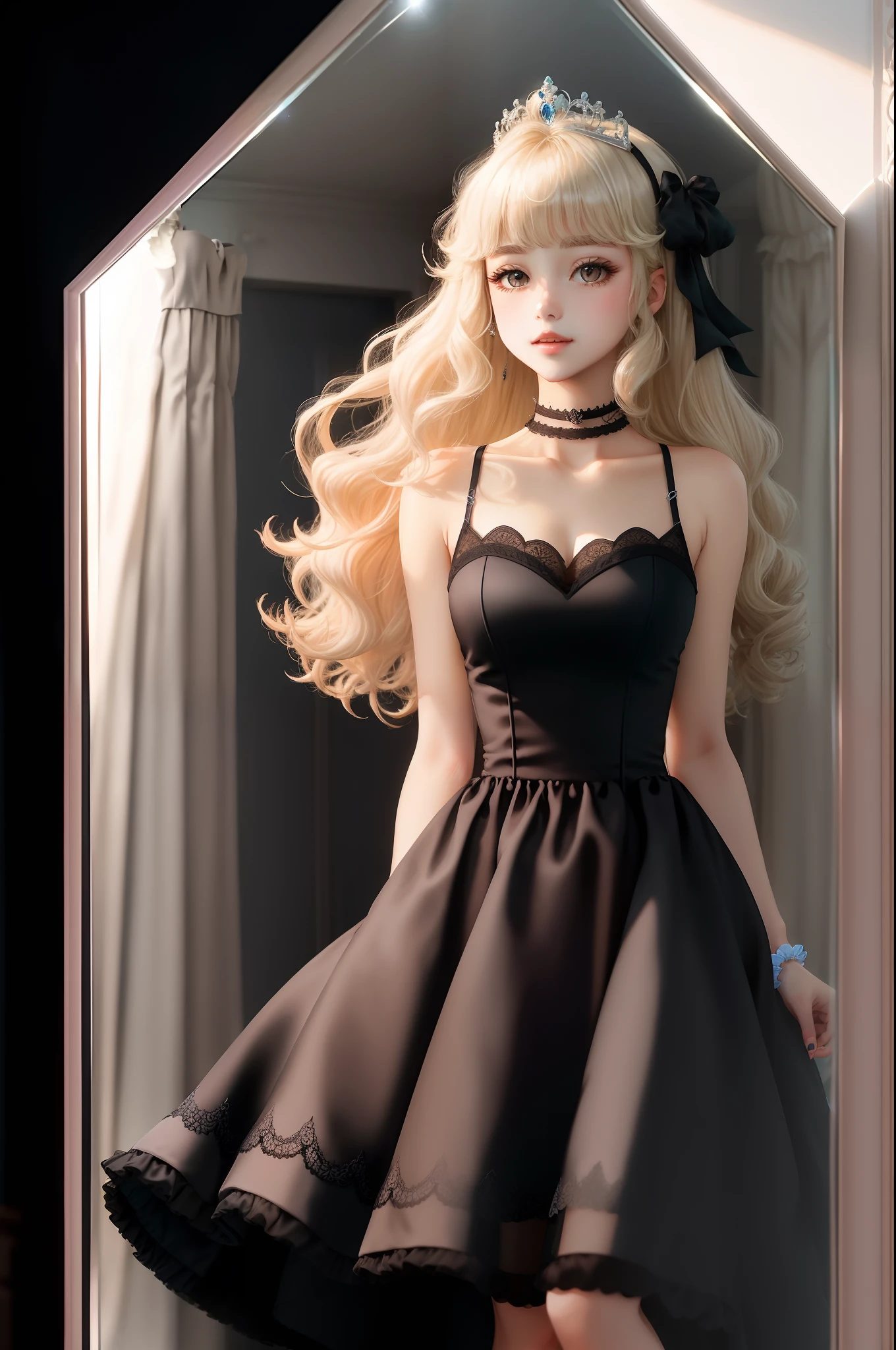 Princess A Princess Soft Best quality in good style(Highest Quality) , High quality(hiquality) Black fluffy dress blonde with soft hair corolla The whole body is reflected A wonderful atmosphere with very delicate tones Facing right