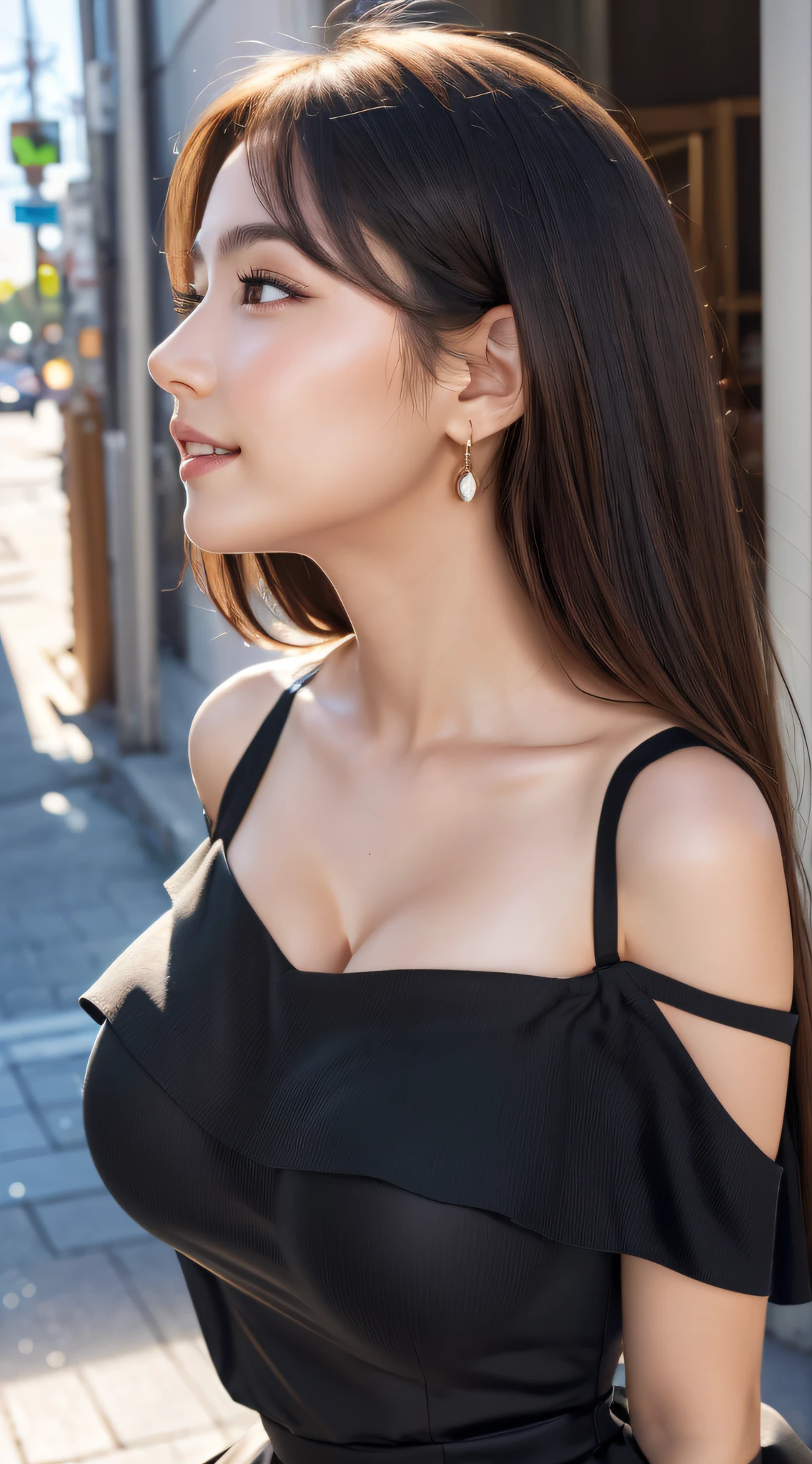 (8K, 超A high resolution, Best Quality, masutepiece:1.2)、RAW portrait of japanese girl、超A high resolution、top-quality、 (huge-breasted,:1.7)、{Slim body:1.3}{I'm not wearing underwear:1.7}、(Wearing a black sleeveless off-the-shoulder dress:1.7)、(hands to hips:1.1)、(In the street:1.2)、(Face up:1.2)、 BREAK (Natural Skin Texture、Detailed skin、Hyper-Realism、ultra sharpness)、intricate detailes、depth of fields、Sexy adult woman、Long black hair straight、Toned buttocks、((masterpiece、top-quality、high-detail))、(Photorealsitic:1.4)、独奏、Smile happily、big eye、Distinct double eyelids、Lashes、long neck、Absolute area、Clean collarbone、face perfect、thin lips、a small face、(gazing at viewer、Highlights in the eyes、Light brown eyes、lipgloss)、(From the side:1.5)