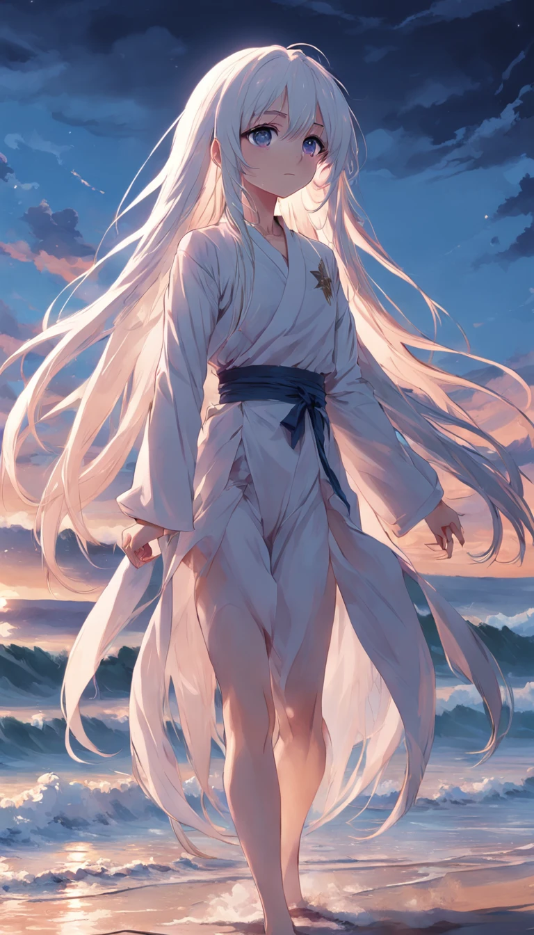 beach,look up,long white hair,full body, dark