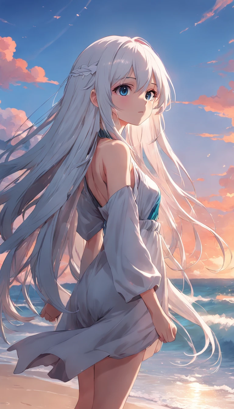 beach,look up,long white hair,bare legs, dark
