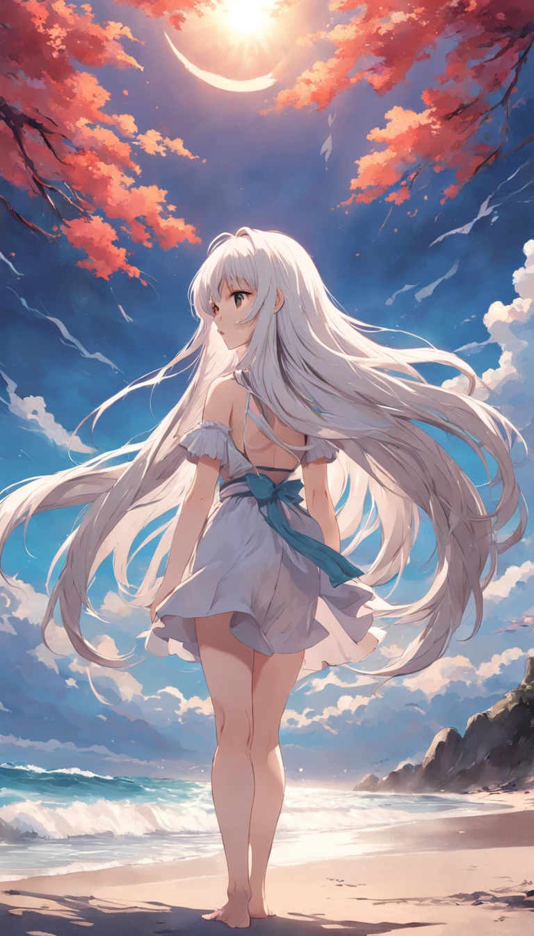 beach，look up，long white hair，full body, dark