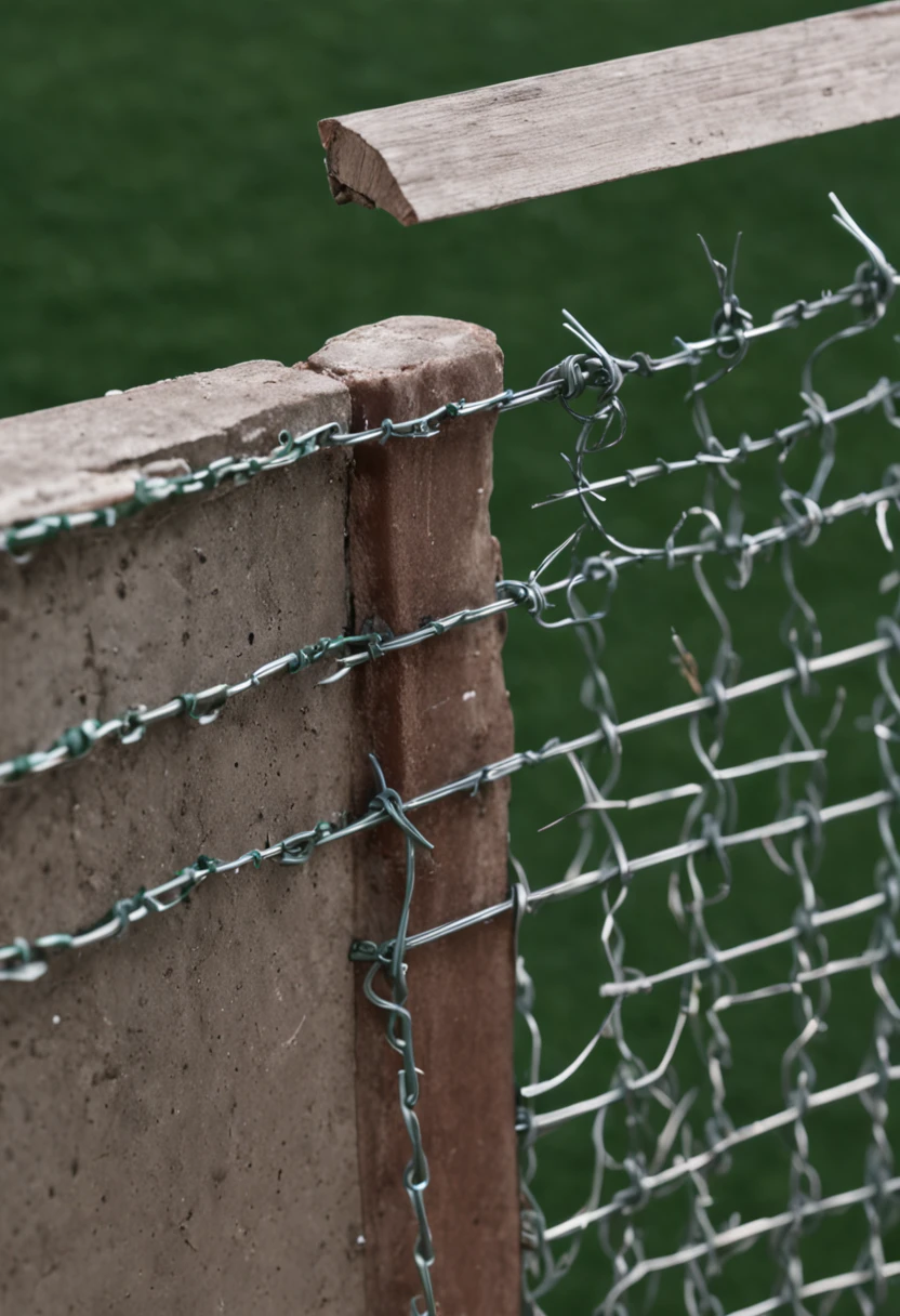 school buildings、school ground、Background with、Green Fence、chain-link fence、Torn wire mesh、The wire is torn and torn、Torn fence tip、Worn and cut wire mesh、The wire mesh is torn、Extruded wire mesh tip、portlate