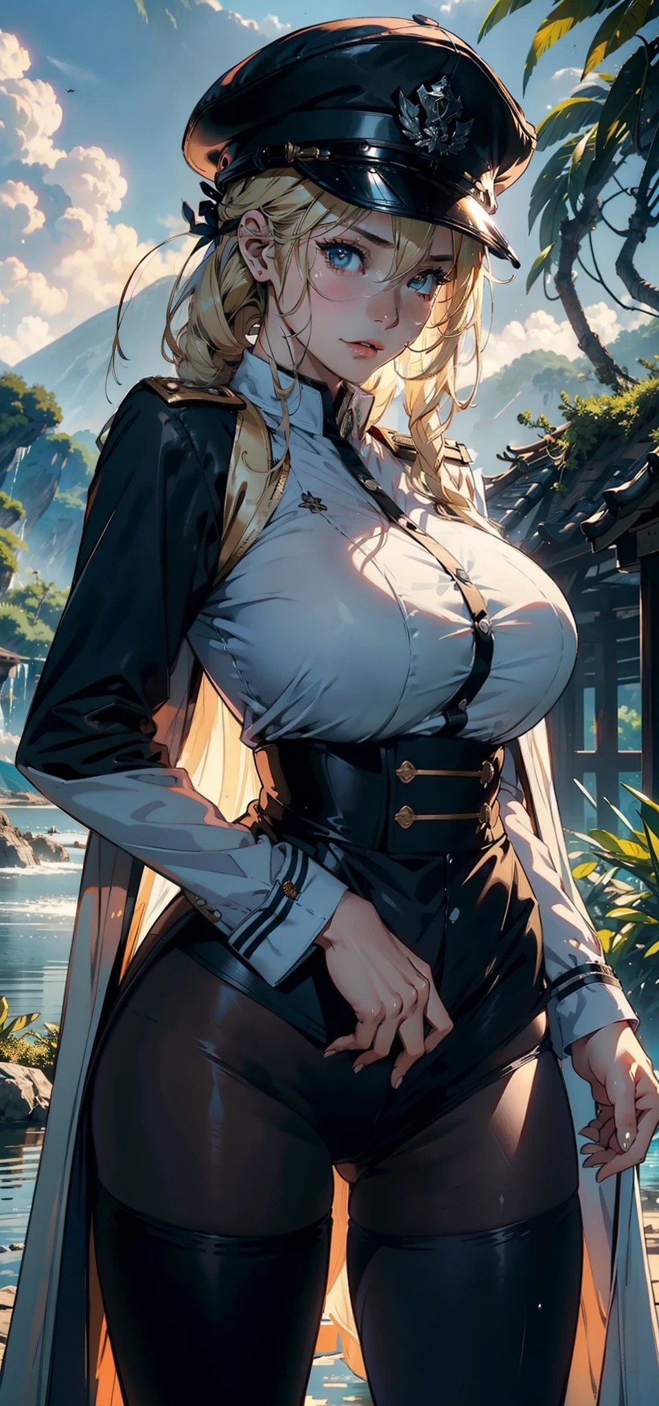 1female，35yo，huge-breasted，long leges，Pornographic exposure， 独奏，（Background with：hilltop，the rainforest，in summer，Standing water on the ground，exteriors） Feel free to hairstyle，Stride，Sweat profusely，drenched all over the body，seen from the front，Long blonde hair ， mostly cloudy sky，（（（tmasterpiece），（Very detailed CG unity 8K wallpaper），best qualtiy，cinmatic lighting，detailed back ground，beatiful detailed eyes，Bright pupils，（Very fine and beautiful），（Beautiful and detailed eye description），ultra - detailed，tmasterpiece，）），face to the viewer，frontage，A high resolution，ultra - detailed）nakeness，Wipe off panties，revealing breasts，Bare genitalia， Bulge，Camel toes，Raised sexy，Lewd expression，Flushed complexion，Open-mouthed，frontage，military officer，military hat，（Wearing：White cloak，Classical military uniform，Black pantyhose）