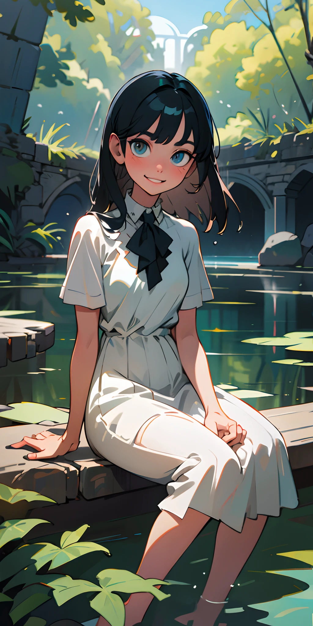 (masterpiece, best quality:1.4), 8k, Official Art, RAW photo, absurd, bottom, girl, evil smile, upper body, sitting, white summer dress, wet, transparent, stone bridge, Ruins, sky, forest, stream, detailed shadow, light leaks, perspective, depth of field, sharp focus, tall, ultra detailed, fine detail, extremely detailed, (detailed eyes and face, sharp pupils, realistic pupils:0.6)
  INFO