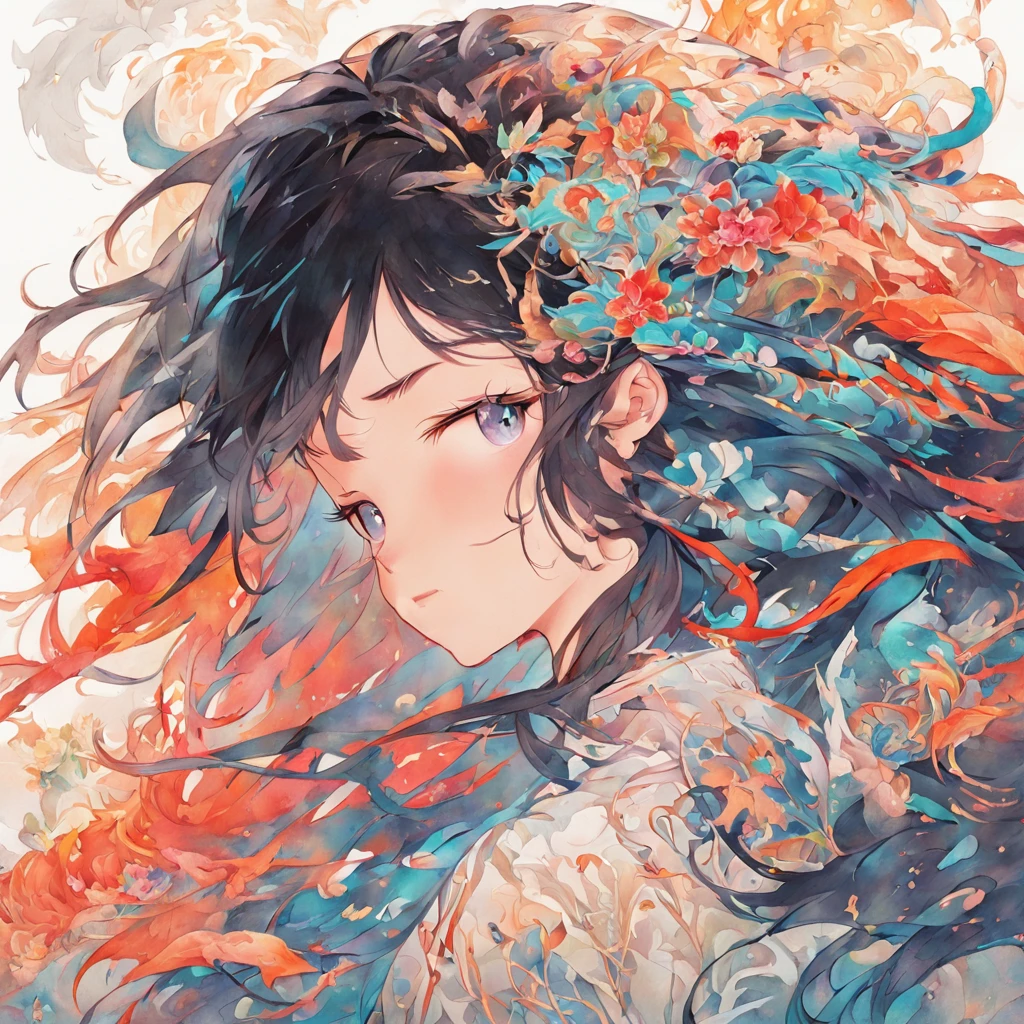 (White background:1.4),(Silhouette of a girl's head, Eyes closed, colorfull long hair, Oriental elements),(Chinese illustration:1.3,paper art:1.3, Quilted paper art:1.2),( reasonable design, Clear lines, High sharpness,Best quality, Very detailed, Masterpiece, movie light effect, 4K )