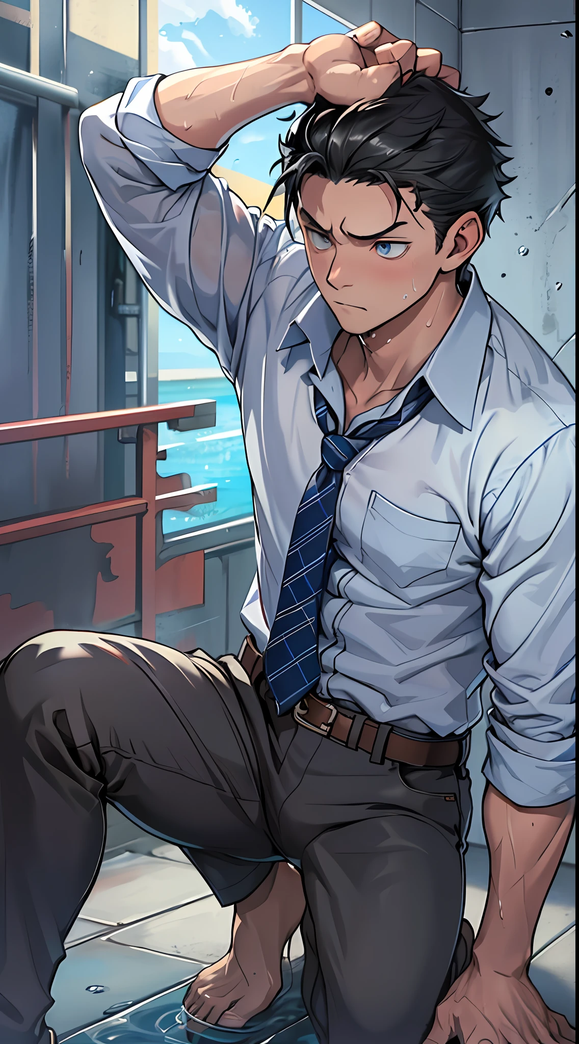 (1 Adult male),A high resolution, Sharp focus, Pixiv masterpiece, ((Complicated details)), highly detailed, natsuki_subaru, 1 man,perfect male figure,Urine on the trouser leg, Nervously bow your head,is shy,embarressed,exhilarated,is shocked,panicking,worry,A pool of urine formed around him,Very eager to pee,Unbearable,Wet yourself,Urine discharge,full bodyesbian,sit astride,Tired,decadent, blue color eyes(eyes glowing), Short yellow hair,white shirt,Wear a tie,Wear a belt,trousers,perspire,Drenched,Get wet,pissing,urine flows down the pants,look from down