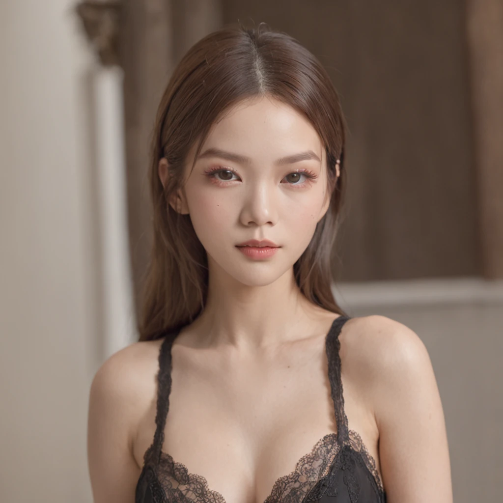 She wears black luxury lingerie and black knee-length socks. She stood up,pose like model。 The filming location was the living room of the mansion. Colored eyeliner and beige eyeshadow complement the eye area. Her eyelashes are long、Her gaze drooped slightly. Her cheeks were painted pale pink、It's like being kissed by the sun. Her lips have a healthy rosy sheen. She looked fresh and relaxed. Hair is straight and medium. Bright smile