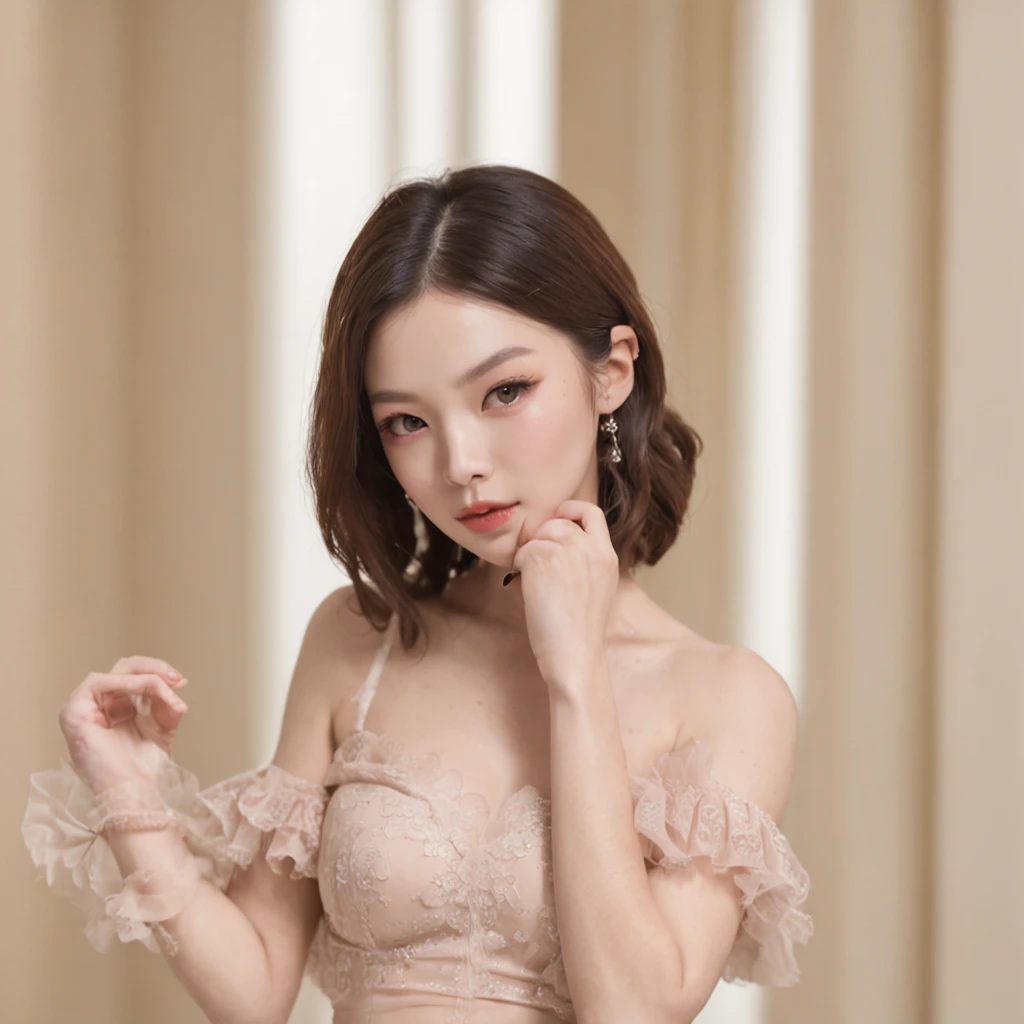 She wears black luxury lingerie and black knee-length socks. She stood up，pose like model。 The filming location was the living room of the mansion. Colored eyeliner and beige eyeshadow complement the eye area. Her eyelashes are long、Her gaze drooped slightly. Her cheeks were painted pale pink、It's like being kissed by the sun. Her lips have a healthy rosy sheen. She looked fresh and relaxed. Hair is straight and medium. Bright smile