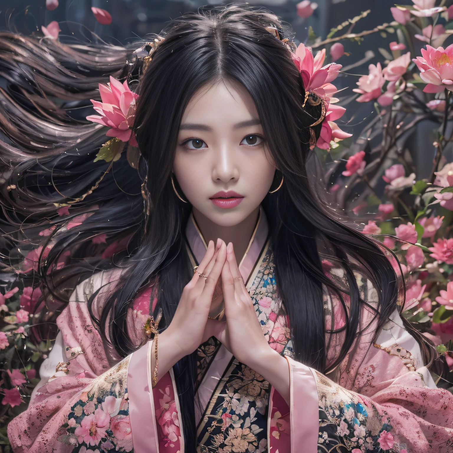 32K(tmasterpiece,k hd,hyper HD,32K)Long flowing black hair,ponds,zydink, a color, Asian people (Silly girl), (Silk scarf), Combat posture, looking at the ground, long whitr hair, Floating hair, Carp pattern headdress, Chinese long-sleeved clothing, (abstract ink splash:1.2), Pink petal background,Pink and white lotus flowers fly(realisticlying:1.4),Black color hair,Fallen leaves flutter,The background is pure, A high resolution, the detail, RAW photogr, Sharp Re, Nikon D850 Film Stock Photo by Jefferies Lee 4 Kodak Portra 400 Camera F1.6 shots, Rich colors, ultra-realistic vivid textures, Dramatic lighting, Unreal Engine Art Station Trend, cinestir 800,Long flowing black hair