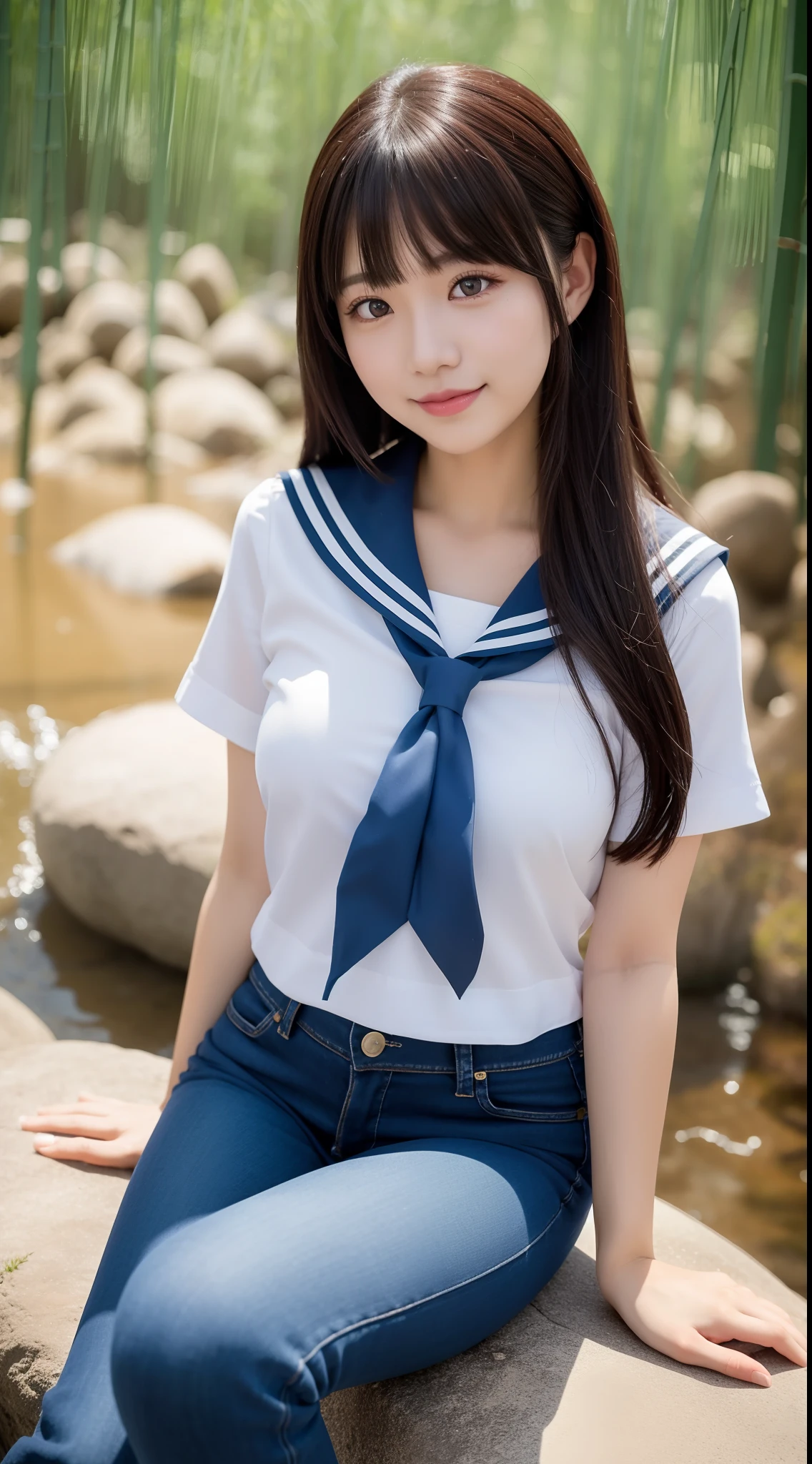 a pregirl,horse tailed,Large breasts, ssmile, looking at viewert, sailor uniformm,skintight jeans, athletic sneakers,photore, realisticlying, Best quality at best, employee, 详细的脸, Sitting on a large rock by the river in the middle of the woods, diffuselighting, depth of fields, Background bokeh