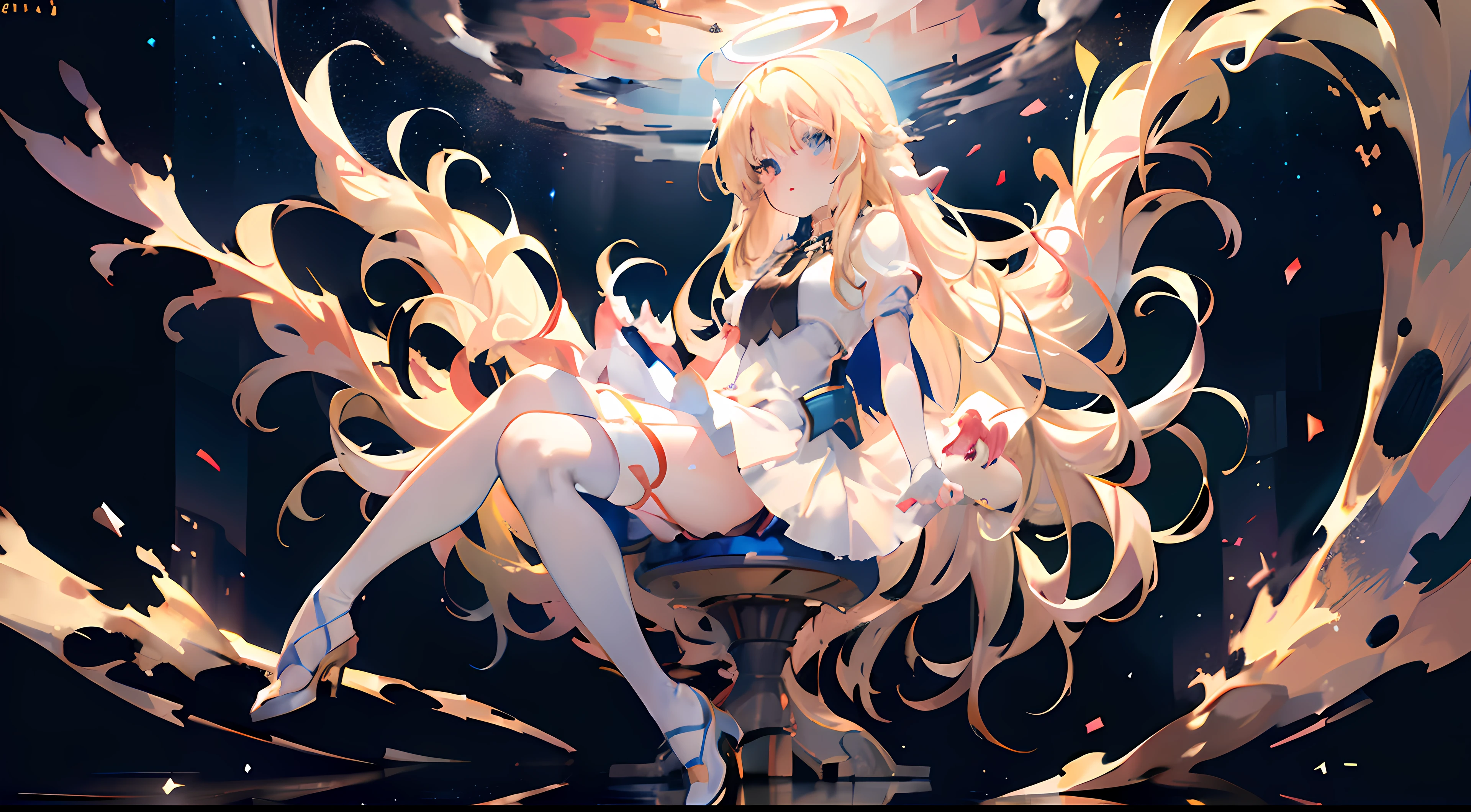 long hair,(blonde hair:1.7), (((heterochromia(blue eyes and red eyes)))),ahoge,((petite)),wide faces,(blush),(loli:1.7),(small breast:1.5),1girl,long hair,(white dress|gorgeous|luxuriant),(White stockings:1.2),(Crural wrist|ribbon:1.2|black),(ankle|ribbon|black)no shoes,expressionless,(Big moon+Volumetric sphere),Side view angle,Blue ambient light,fog,short legs,Volumetric cloud,an array of stars,Richer levels,More details,(45°:1.5), looking at viewer, light reflection (water), aqua eyes, pantyshot through reflection, star trail, bra visible through clothes, wind lift, hair pulled back, cameltoe,bird on shoulder, angel:1.2,halo:0.8, inverted colors, split depth,thigh focus, thick thighs, different reflection, in heat, skindentation, high heels, spread legs, hands on hips, squat toilet,
