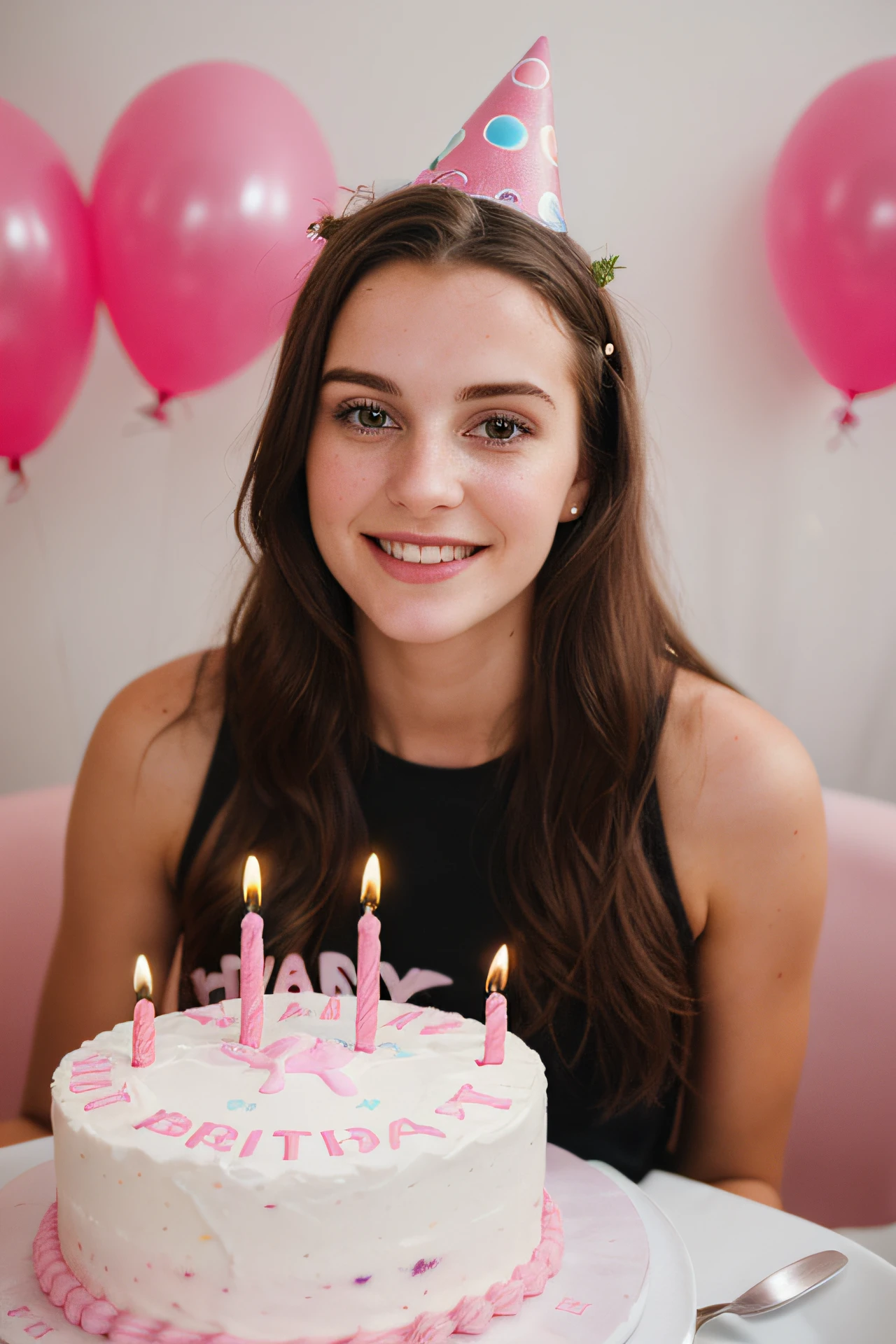 photo of young woman, birthday party, a cake
