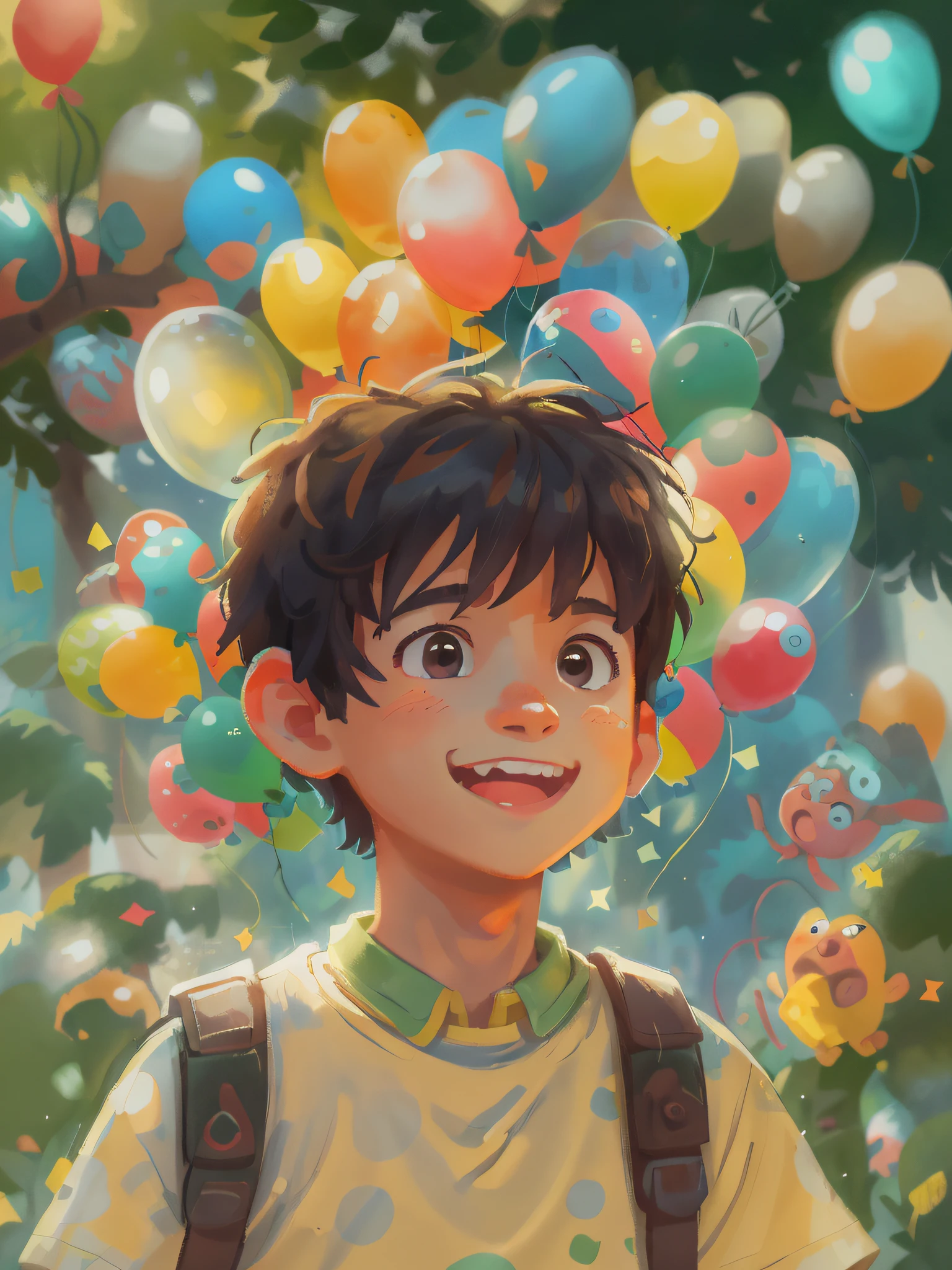 A boy, zoo, many balloons, happy, happy, perfect quality, clear focus (clutter - home: 0.8), (masterpiece: 1.2) (realistic: 1.2) (bokeh) (best quality) (detailed skin: 1.3) (intricate details) (8K) (detail eyes) (sharp focus), (happy)